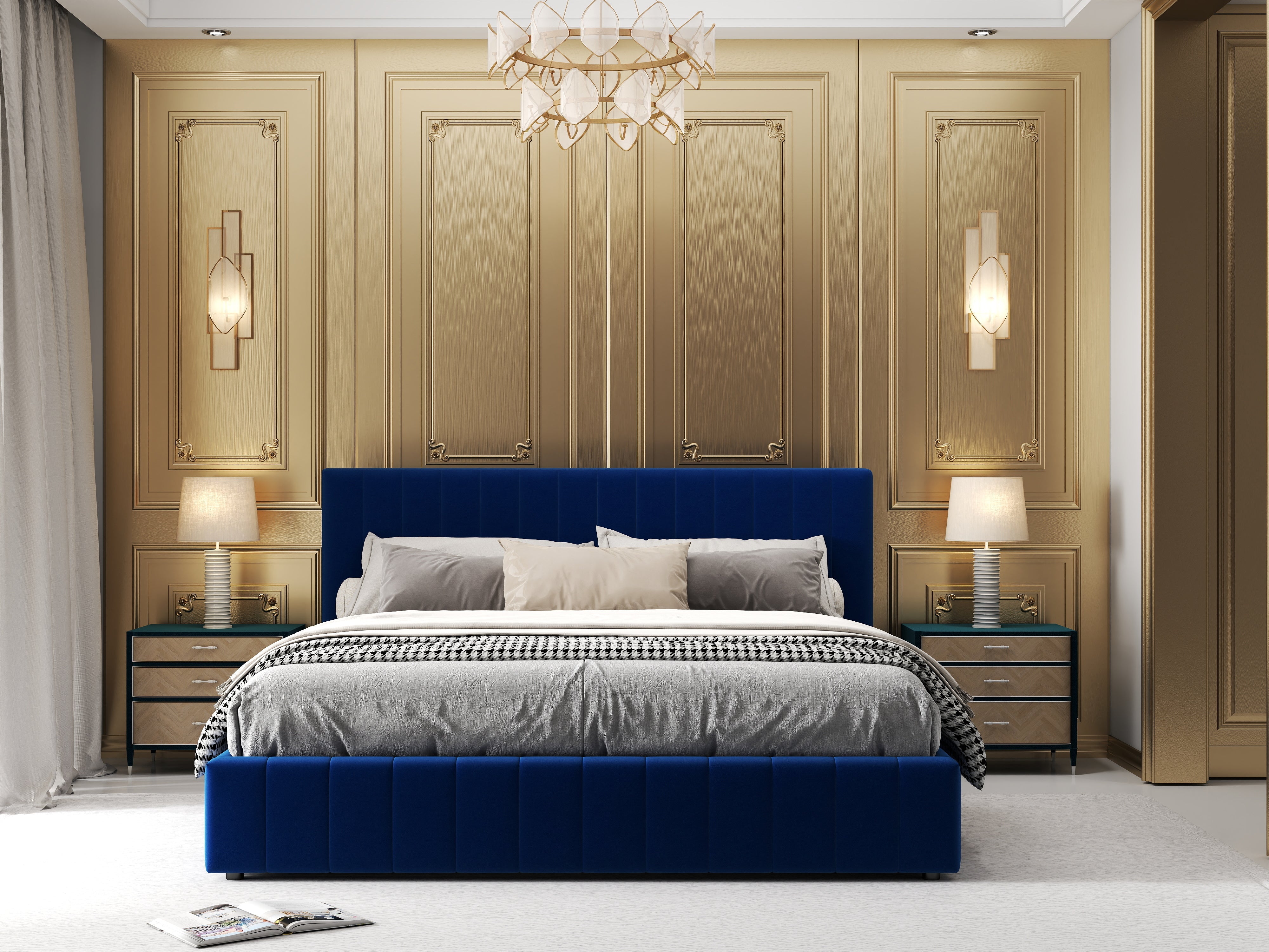 Pat dormitor dumonde, tapitat albastru, Gloria 160x200 cm, somiera rabatabila inclusa, spatiu depozitare WLS