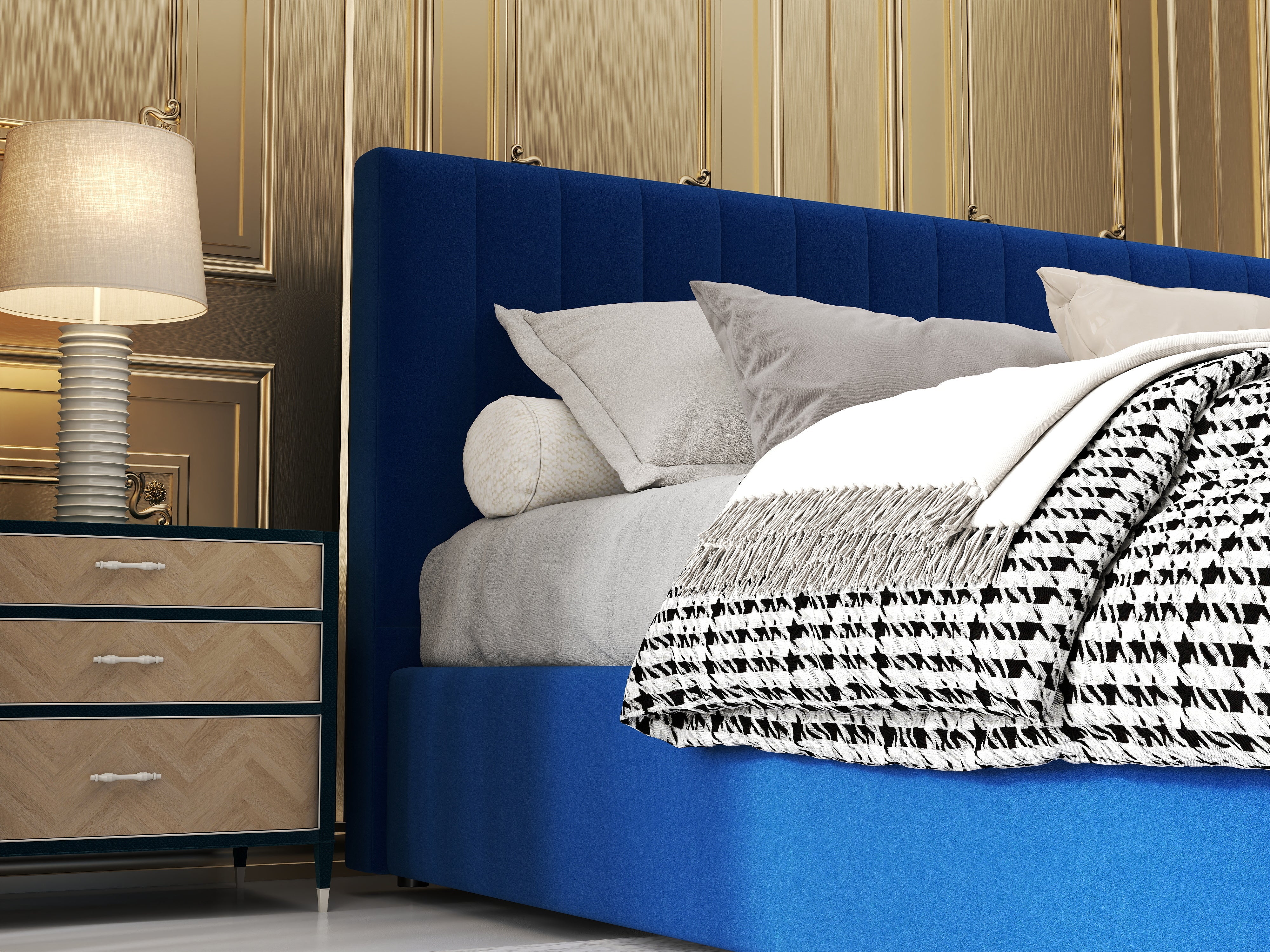 Pat dormitor dumonde, tapitat albastru, Gloria 160x200 cm, somiera rabatabila inclusa, spatiu depozitare WLS