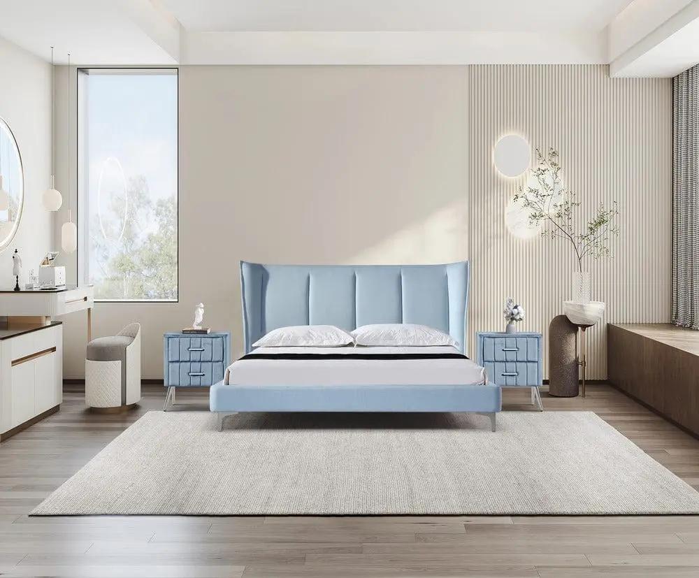 Pat dormitor dumonde, tapitat albastru, Phoenix 180x200 cm, somiera inclusa CRNB