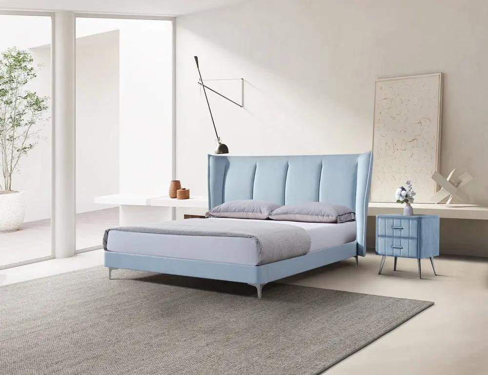 Pat dormitor dumonde, tapitat albastru, Phoenix 180x200 cm, somiera inclusa CRNB