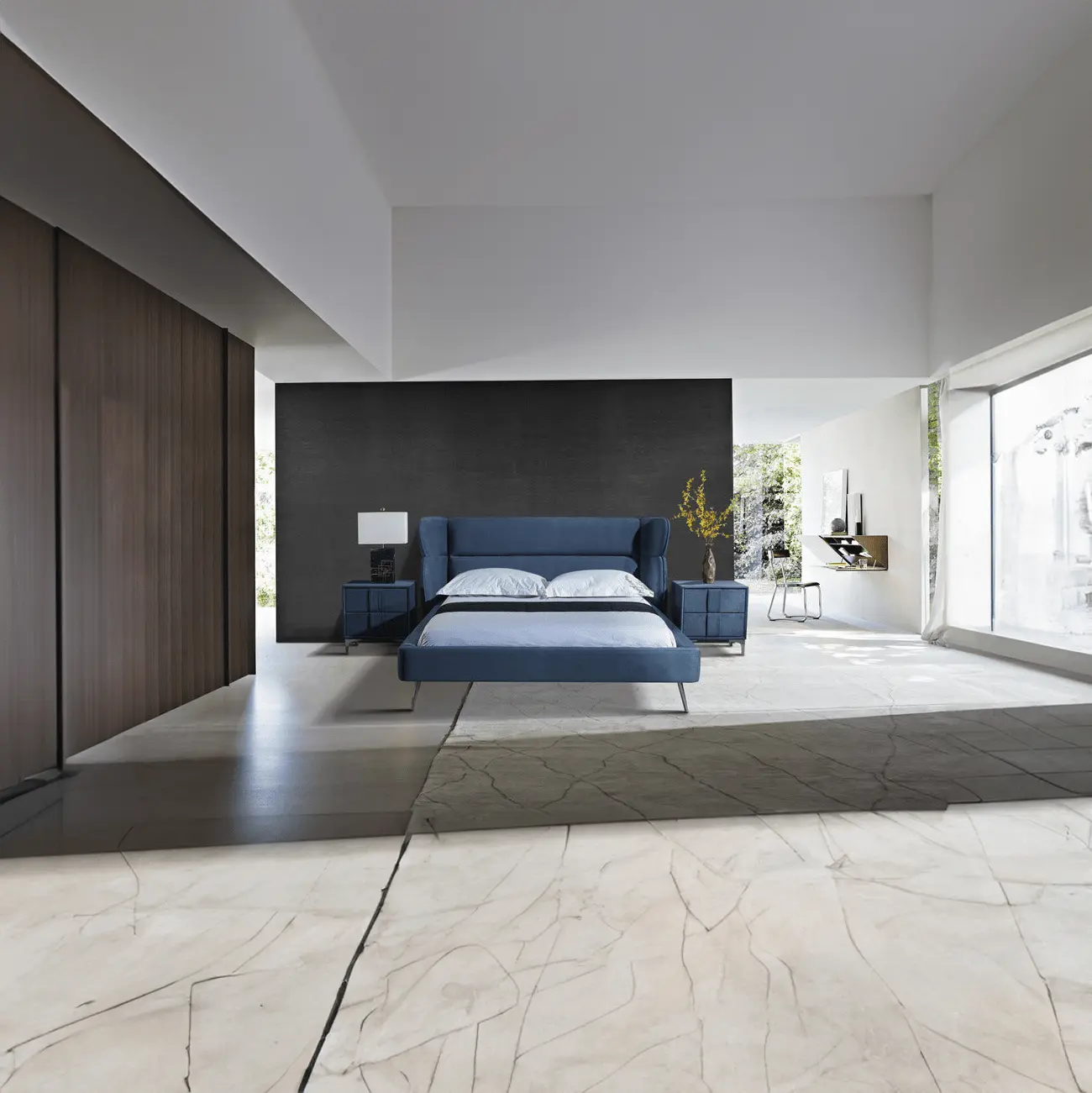 Pat dormitor dumonde, tapitat albastru, Sierra 160x200 cm, somiera inclusa CRNB