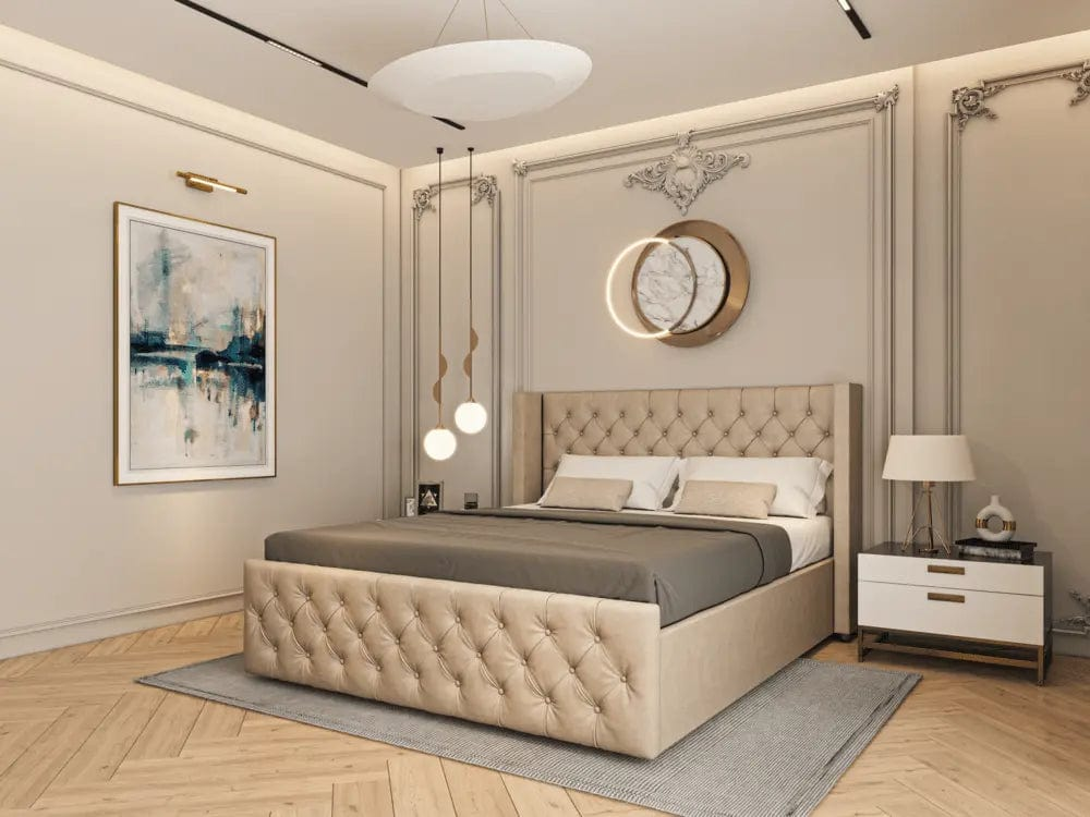 Pat dormitor dumonde, tapitat bej cu LED, Nisa 2 160x200 cm, somiera rabatabila inclusa, spatiu depozitare WLS