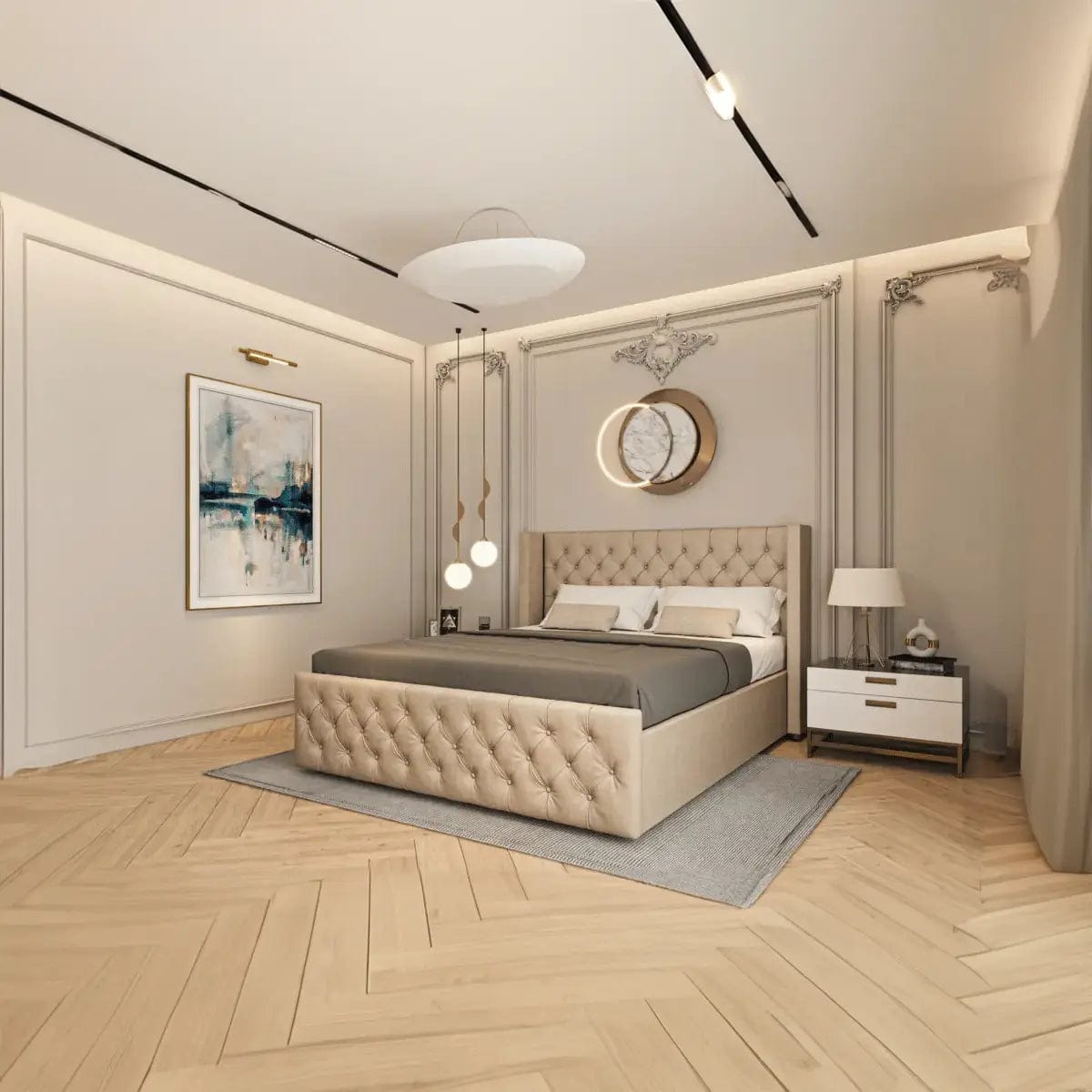 Pat dormitor dumonde, tapitat bej cu LED, Nisa 2 160x200 cm, somiera rabatabila inclusa, spatiu depozitare WLS