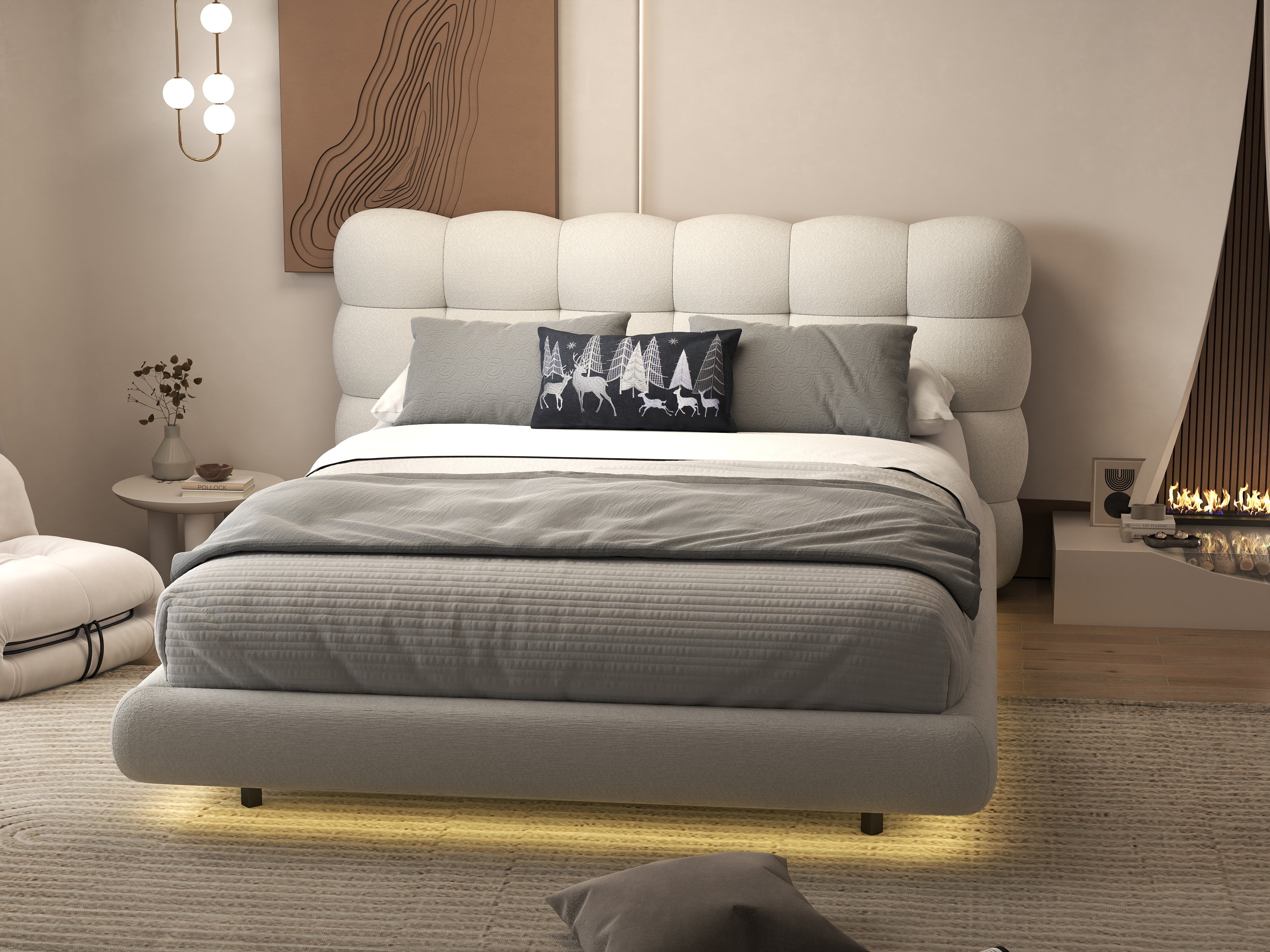 Pat dormitor dumonde, tapitat alb cu LED, "floating bed" Cloud 160x200 cm, somiera inclusa WLS