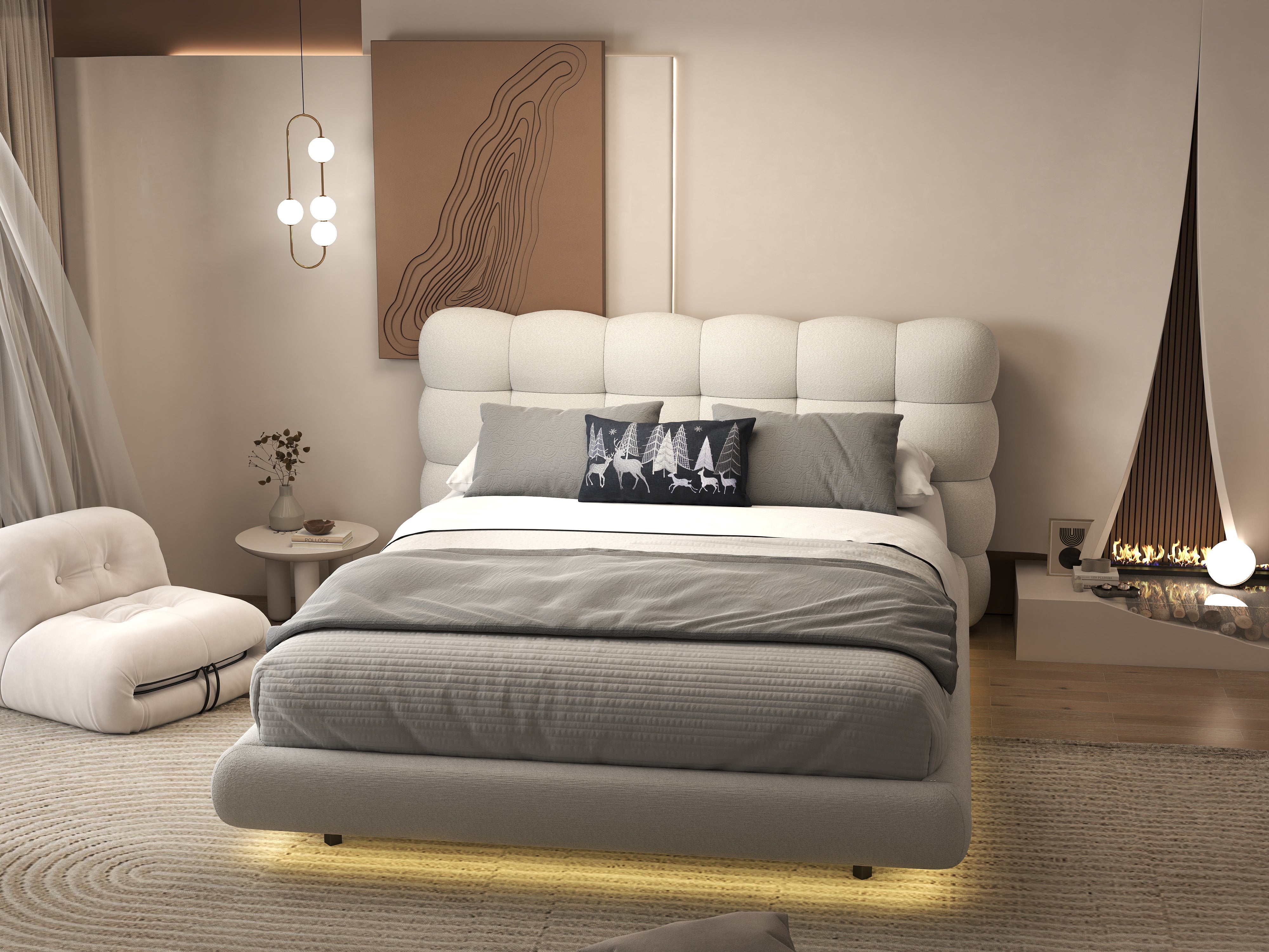 Pat dormitor dumonde, tapitat alb cu LED, "floating bed" Cloud 160x200 cm, somiera inclusa WLS