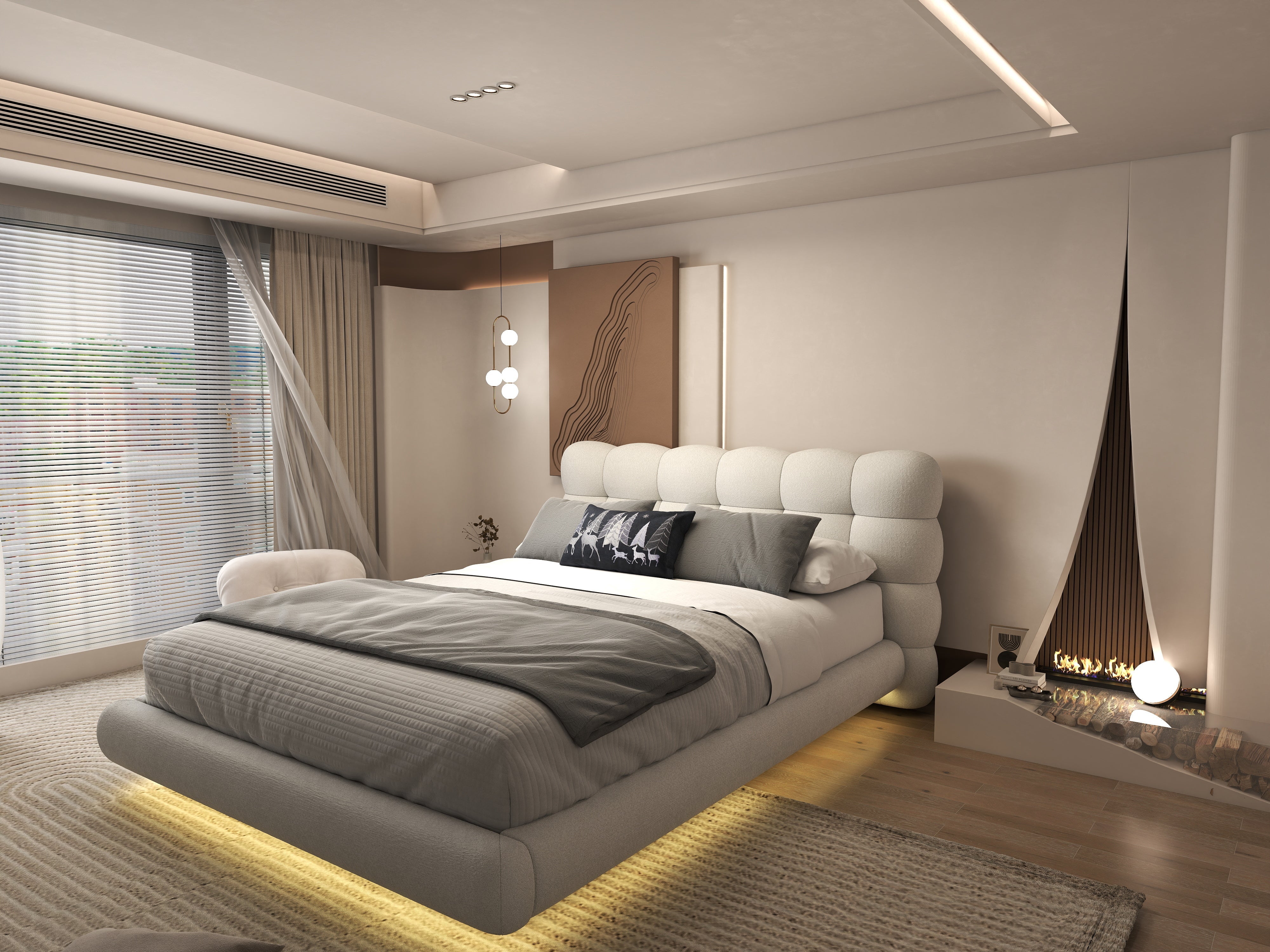 Pat dormitor dumonde, tapitat alb cu LED, "floating bed" Cloud 160x200 cm, somiera inclusa WLS