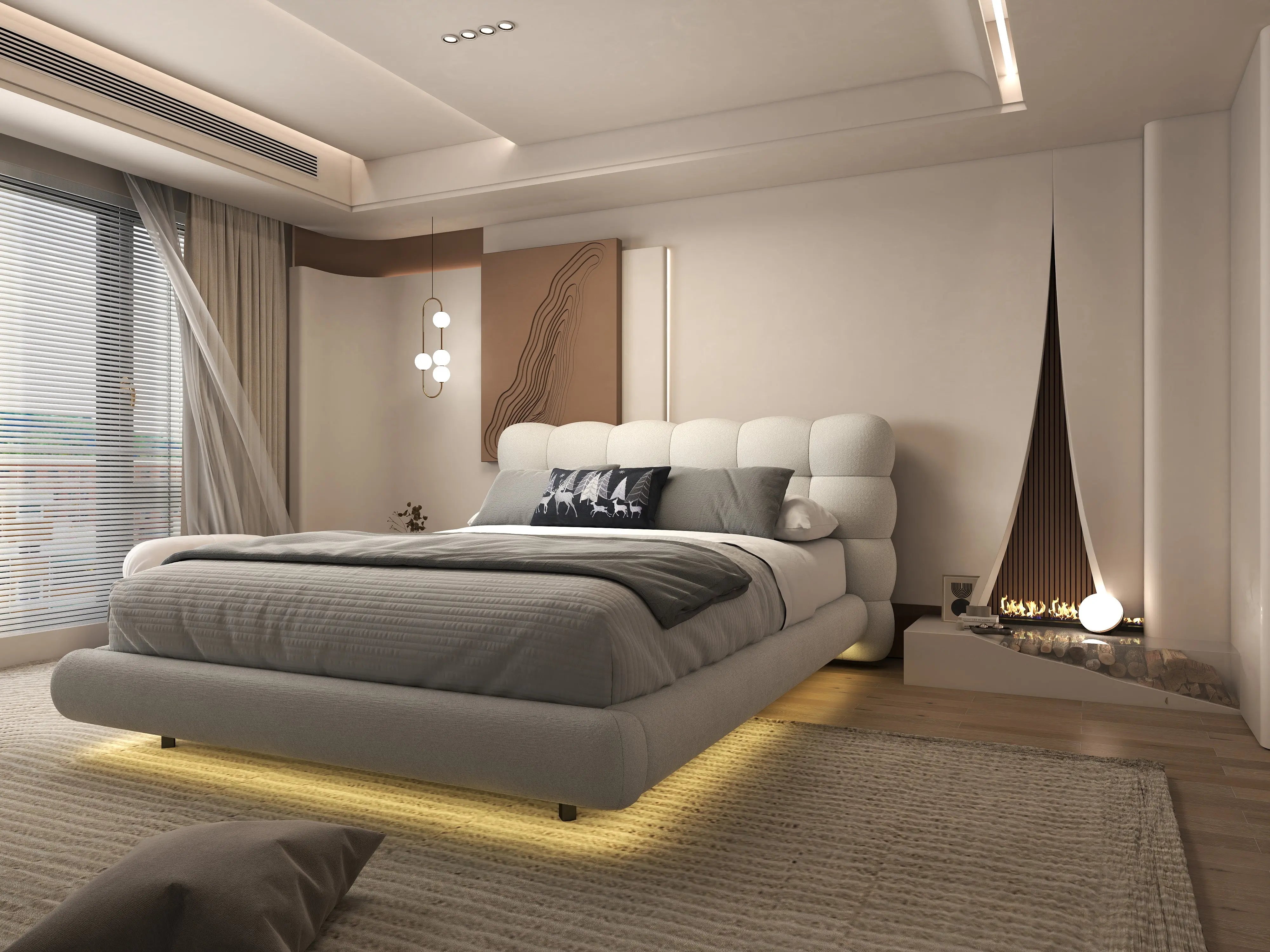 Pat dormitor dumonde, tapitat alb cu LED, "floating bed" Cloud 140x200 cm, somiera inclusa WLS