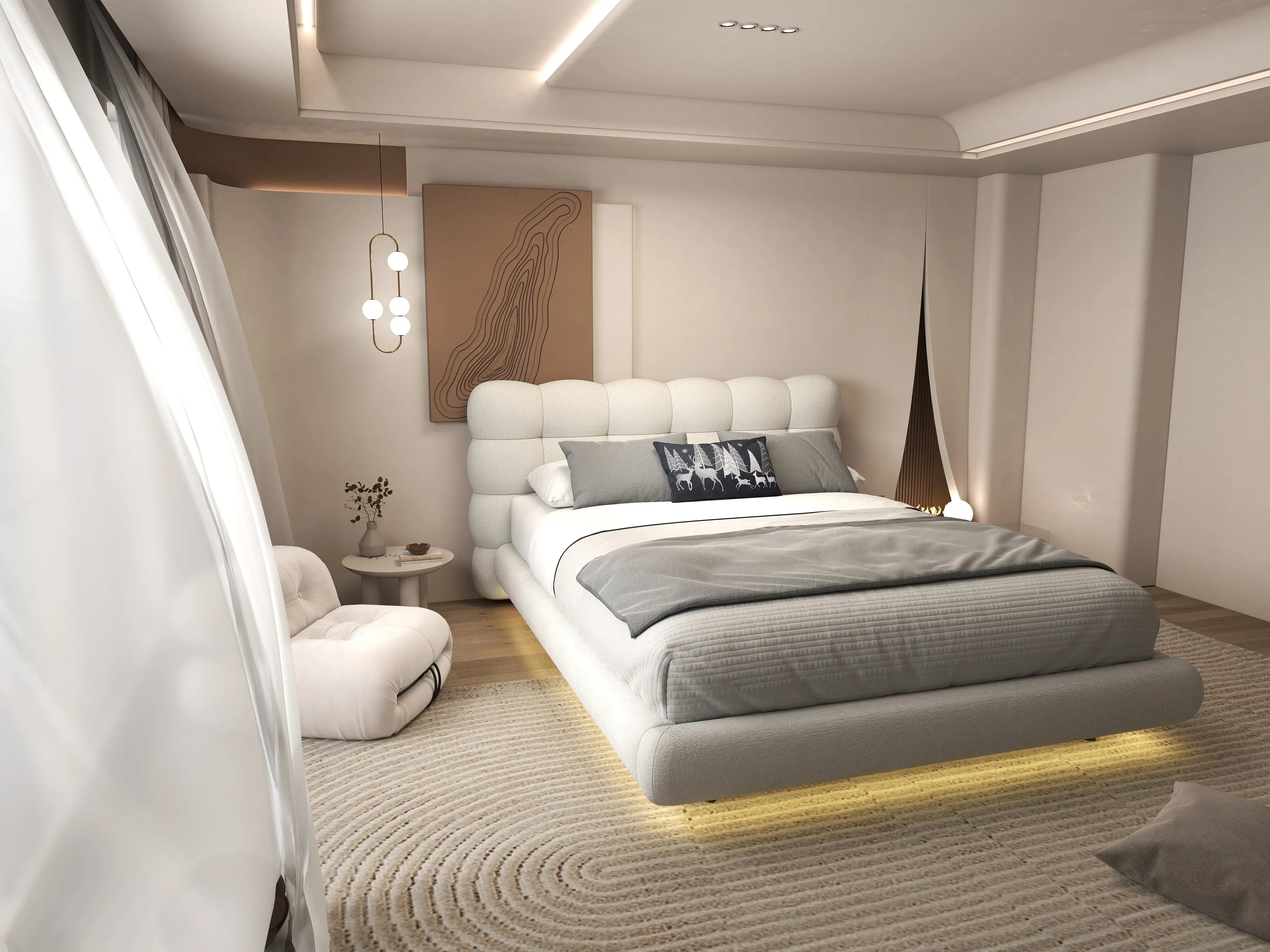 Pat dormitor dumonde, tapitat alb cu LED, "floating bed" Cloud 140x200 cm, somiera inclusa WLS