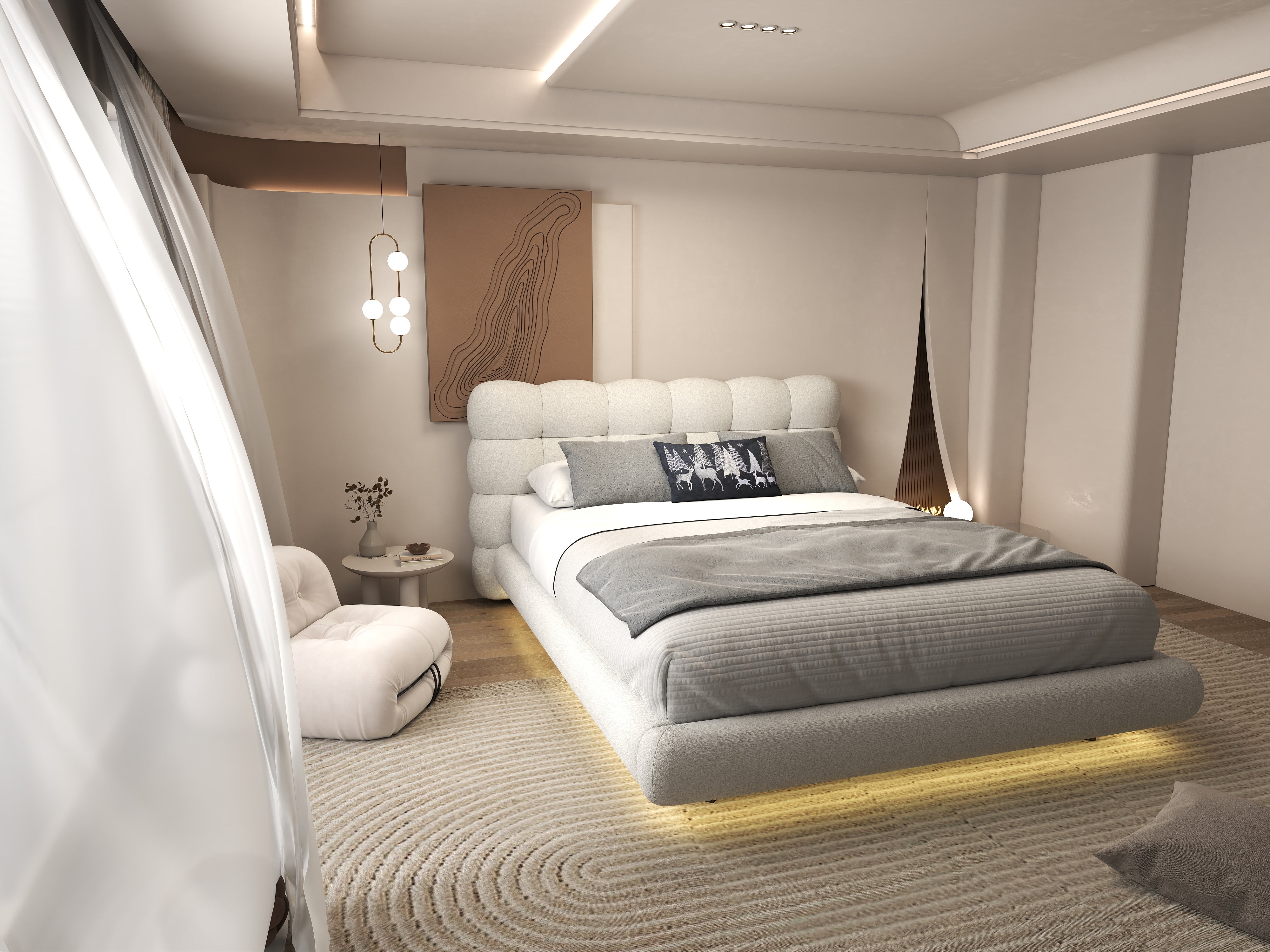 Pat dormitor dumonde, tapitat alb cu LED, "floating bed" Cloud 160x200 cm, somiera inclusa WLS