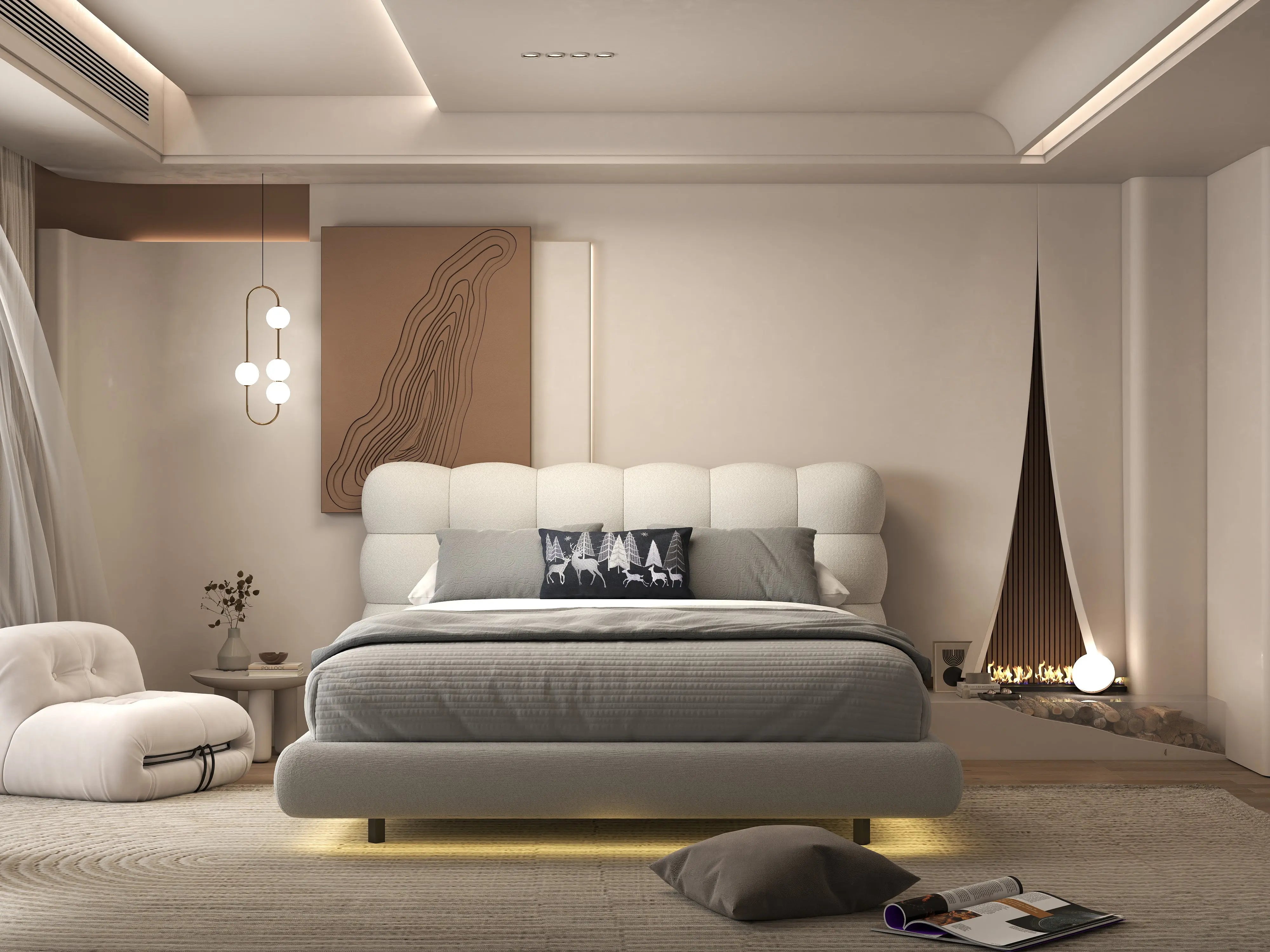 Pat dormitor dumonde, tapitat alb cu LED, "floating bed" Cloud 140x200 cm, somiera inclusa WLS