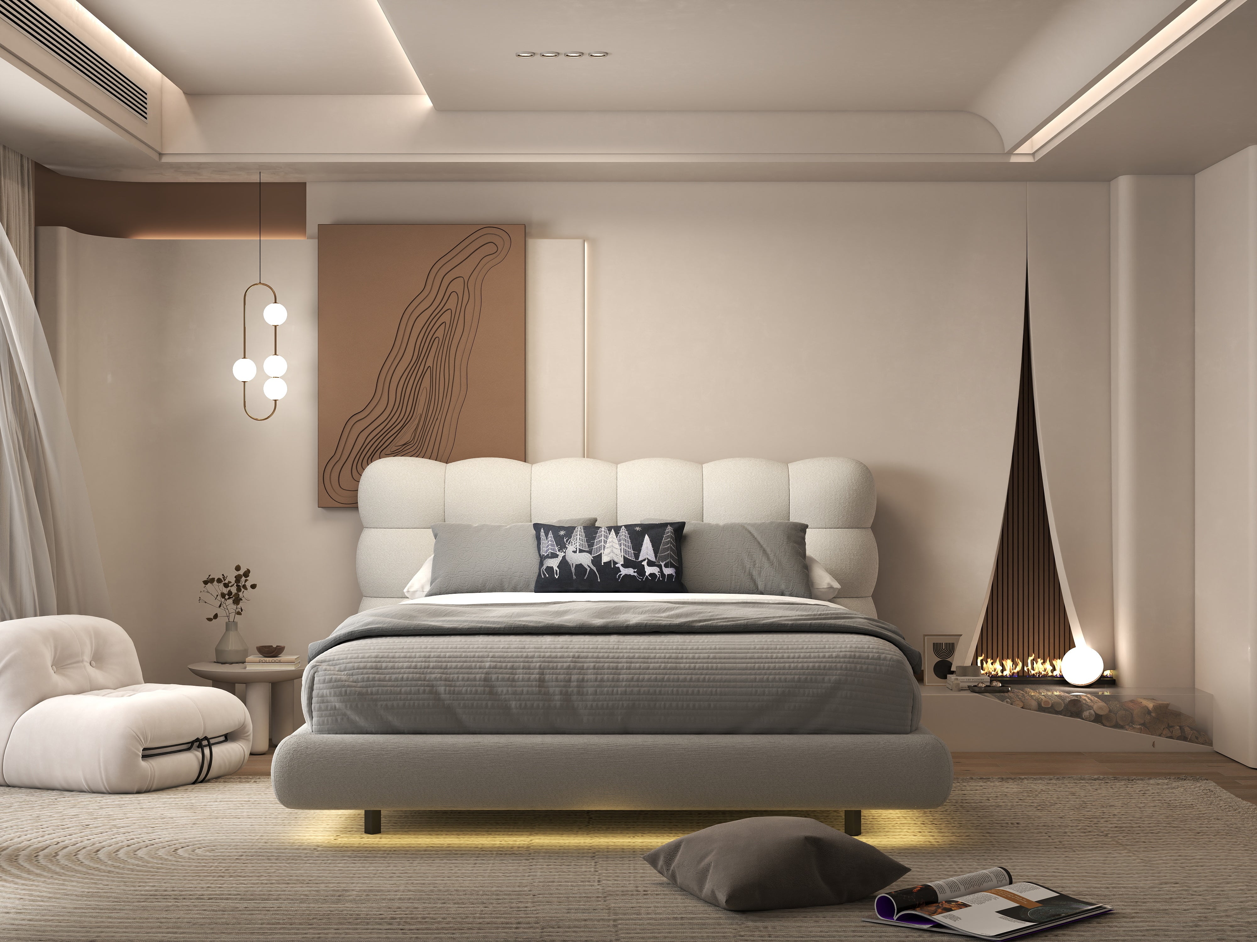 Pat dormitor dumonde, tapitat alb cu LED, "floating bed" Cloud 160x200 cm, somiera inclusa WLS