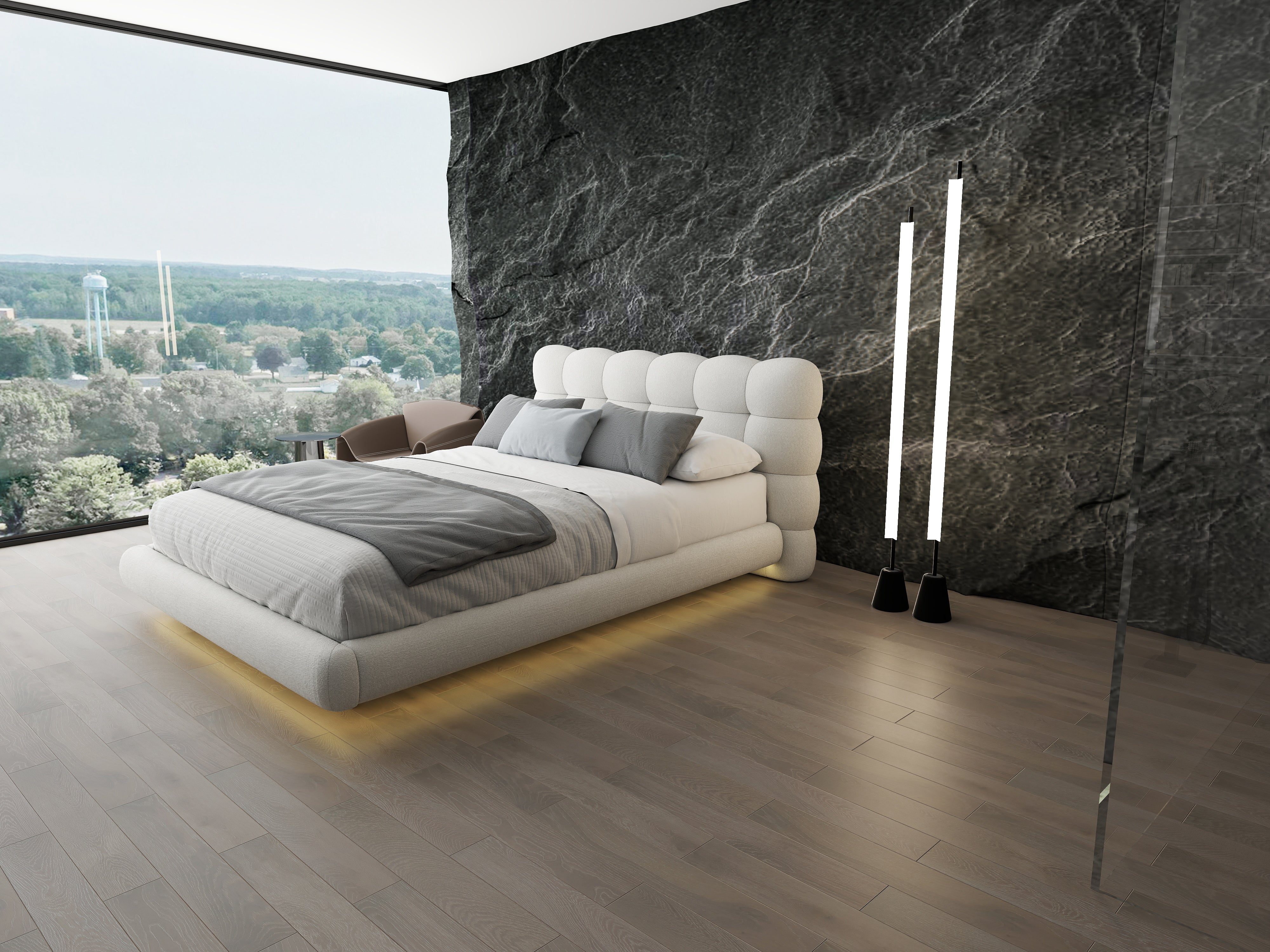 Pat dormitor dumonde, tapitat alb cu LED "floating bed" Cloud 180x200 cm, somiera inclusa WLS