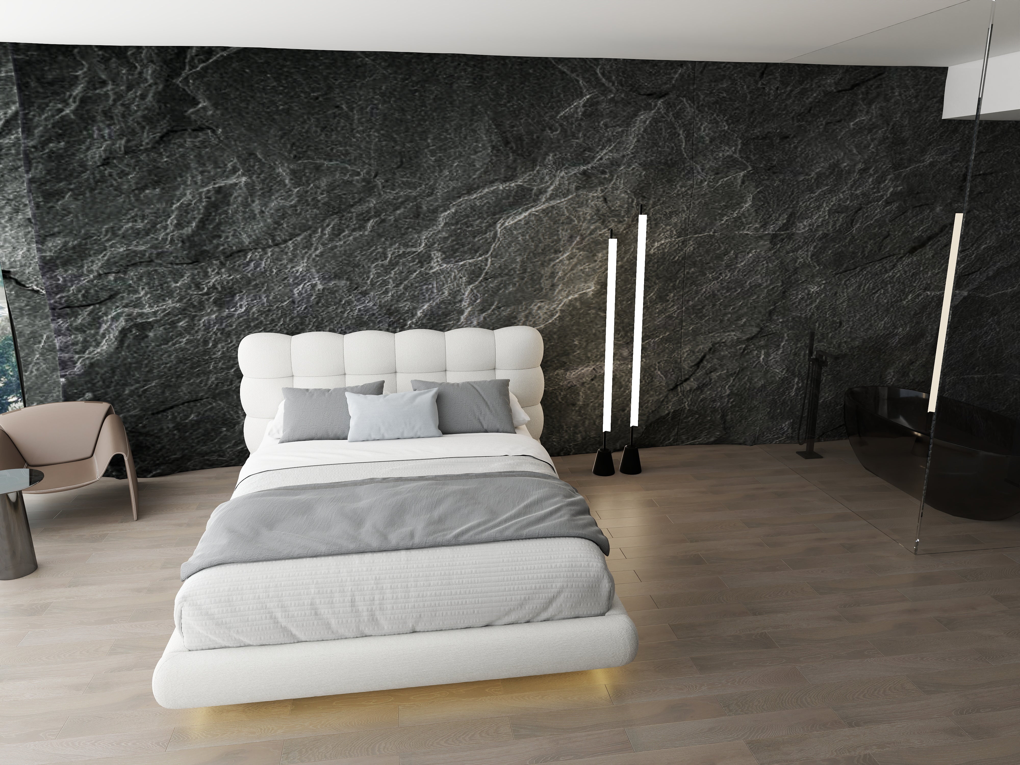 Pat dormitor dumonde, tapitat alb cu LED "floating bed" Cloud 180x200 cm, somiera inclusa WLS