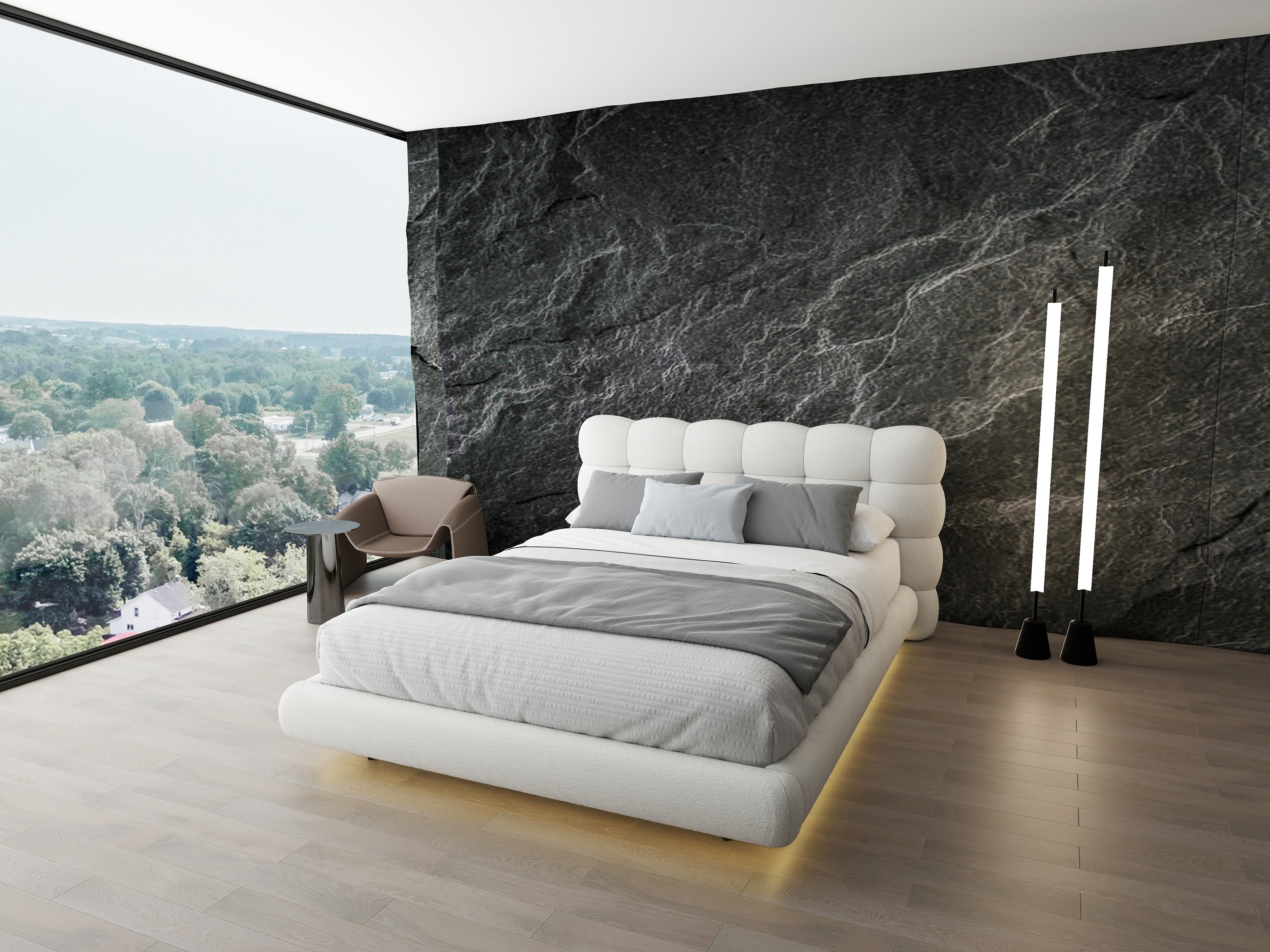 Pat dormitor dumonde, tapitat alb cu LED "floating bed" Cloud 180x200 cm, somiera inclusa WLS