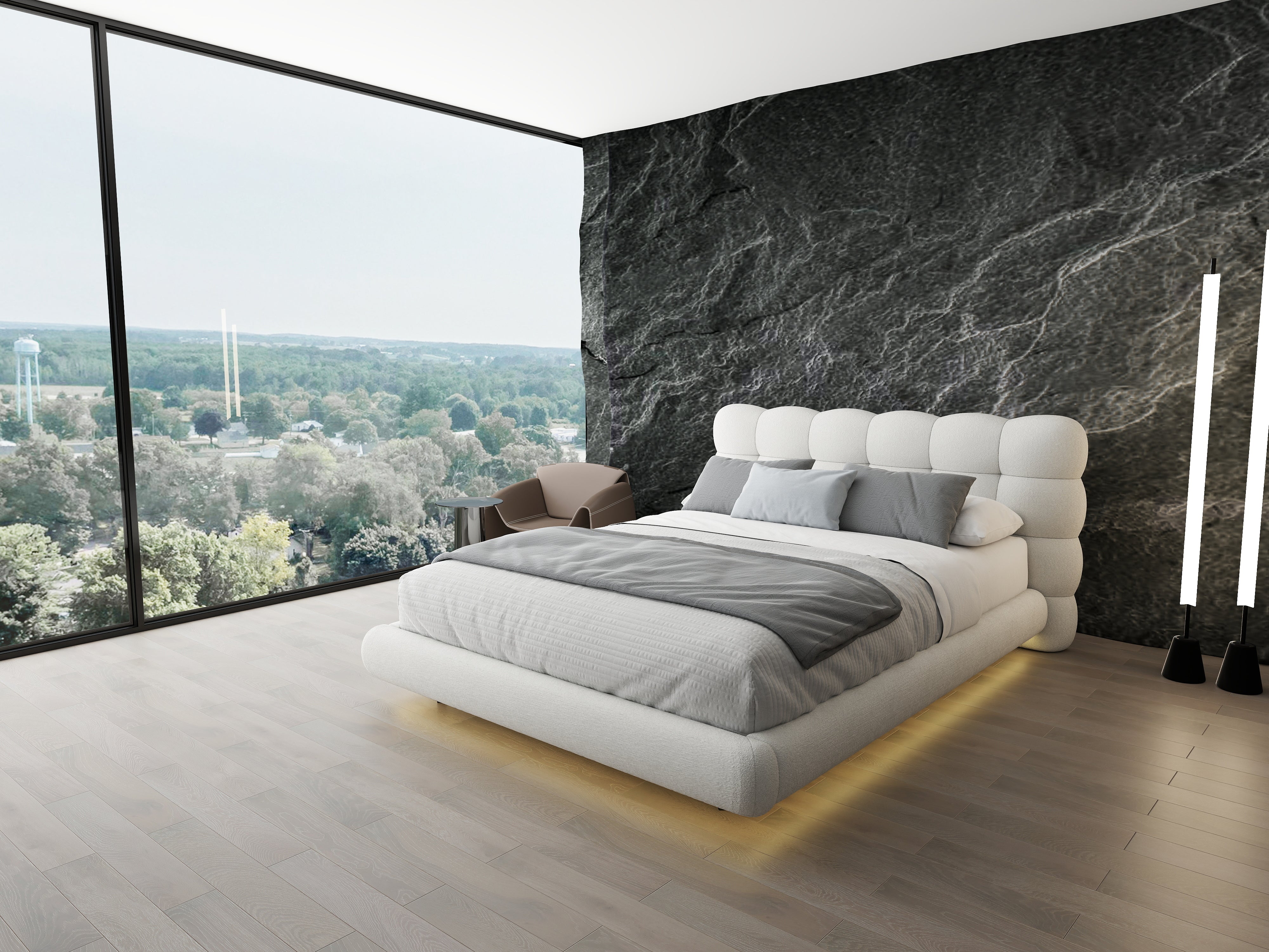 Pat dormitor dumonde, tapitat alb cu LED "floating bed" Cloud 180x200 cm, somiera inclusa WLS