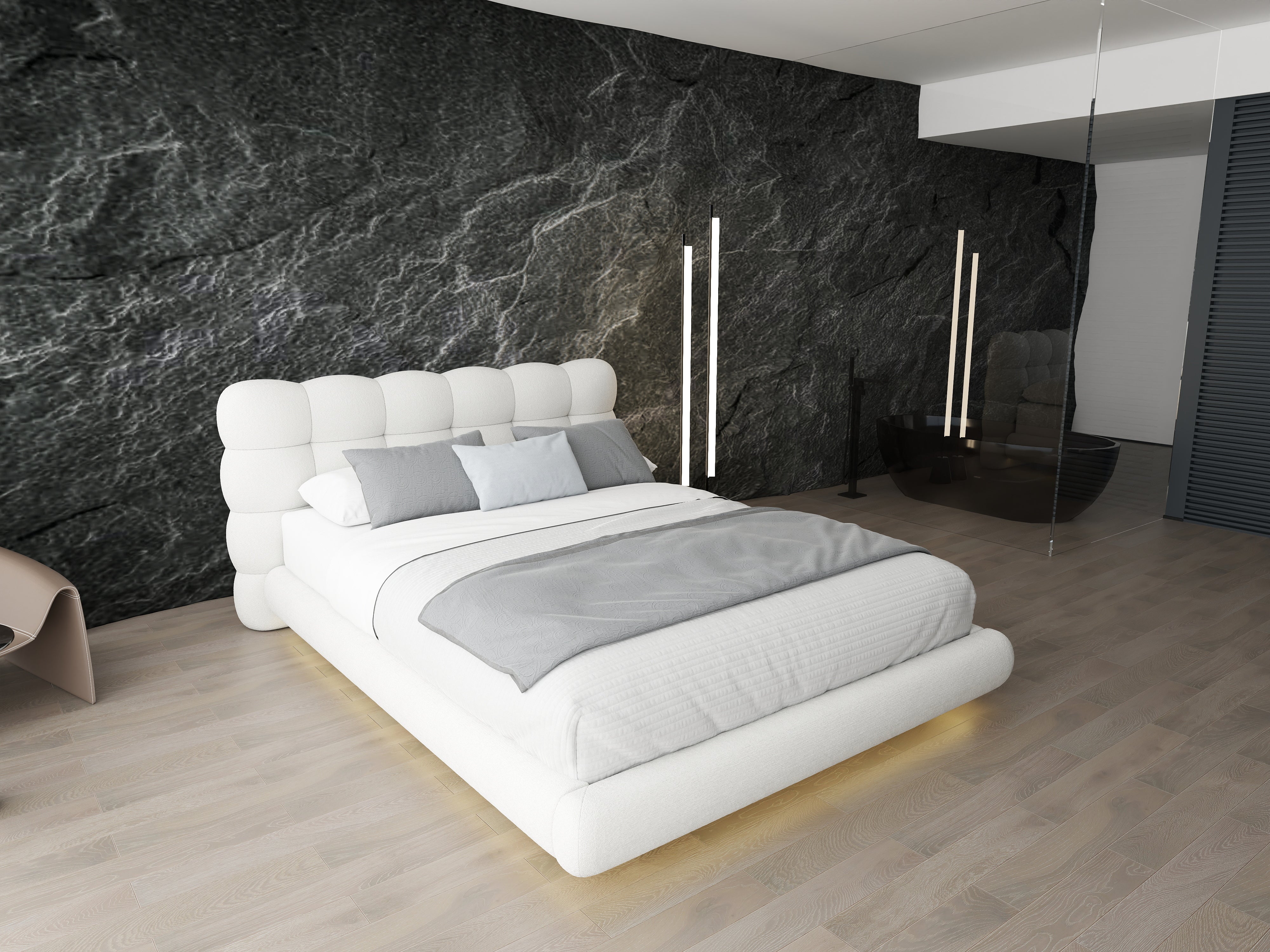 Pat dormitor dumonde, tapitat alb cu LED "floating bed" Cloud 180x200 cm, somiera inclusa WLS