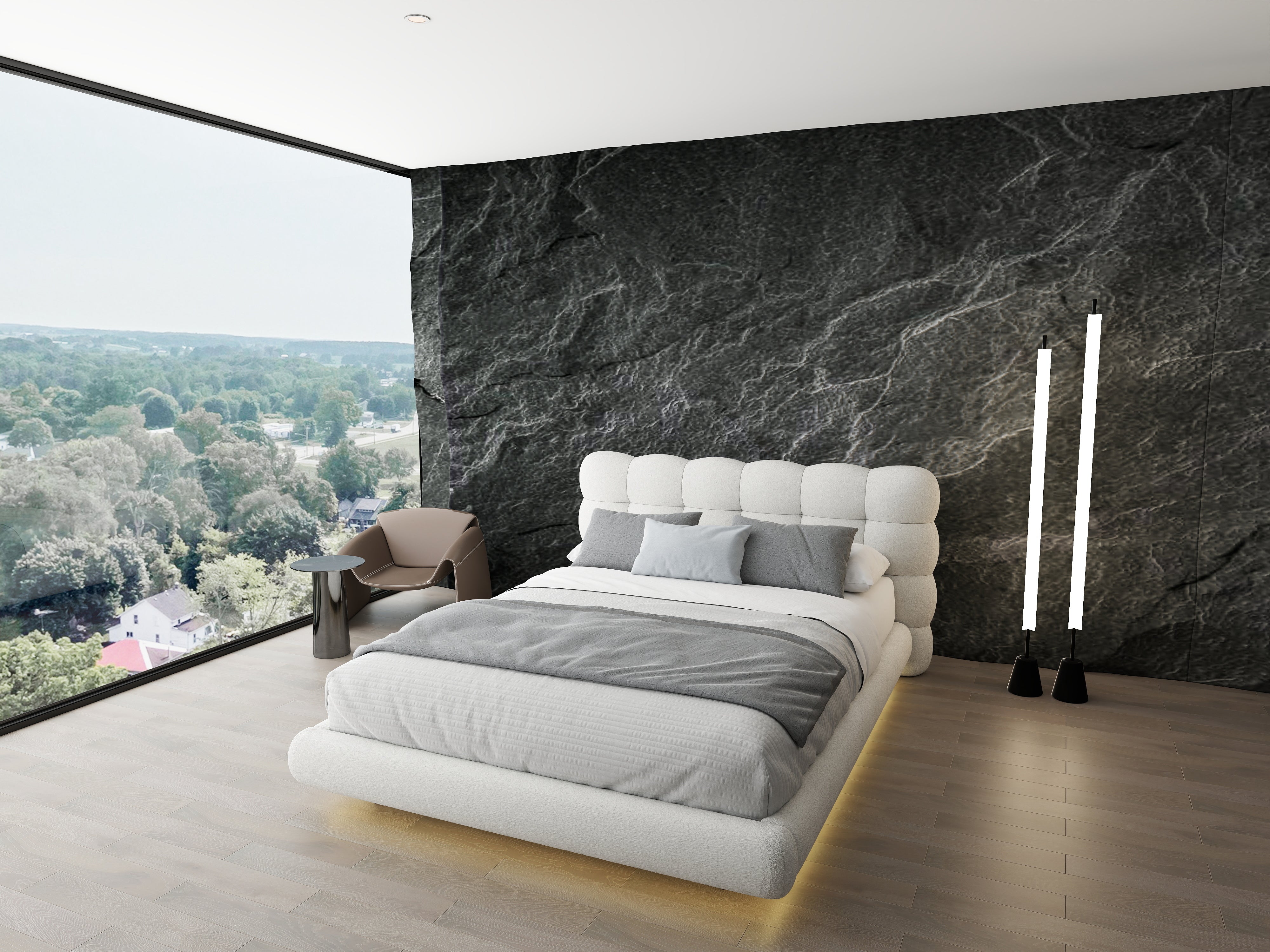 Pat dormitor dumonde, tapitat alb cu LED "floating bed" Cloud 180x200 cm, somiera inclusa WLS