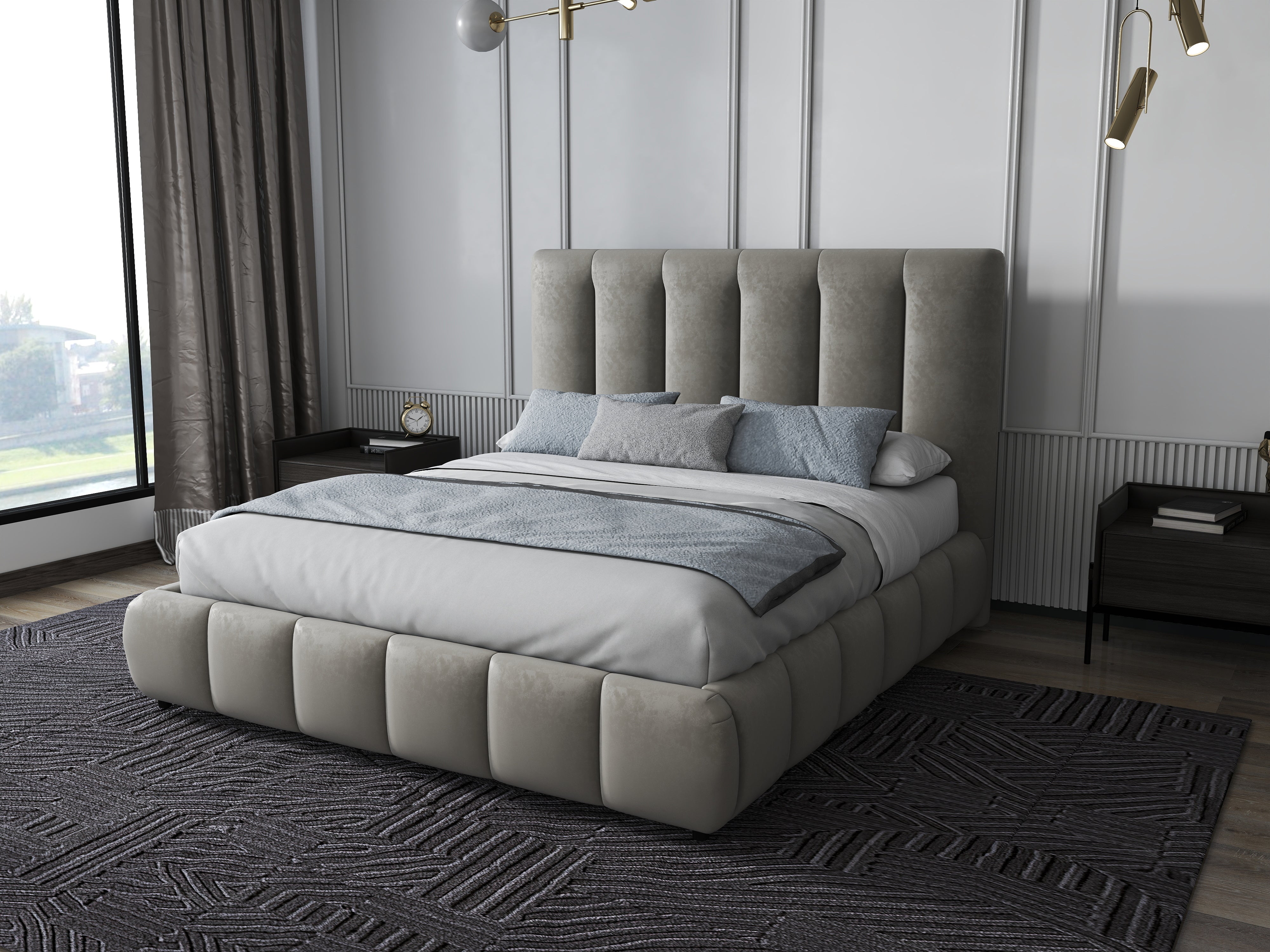 Pat dormitor dumonde, tapitat bej, Divaneo 180x200 cm, somiera rabatabila inclusa, spatiu depozitare WLS