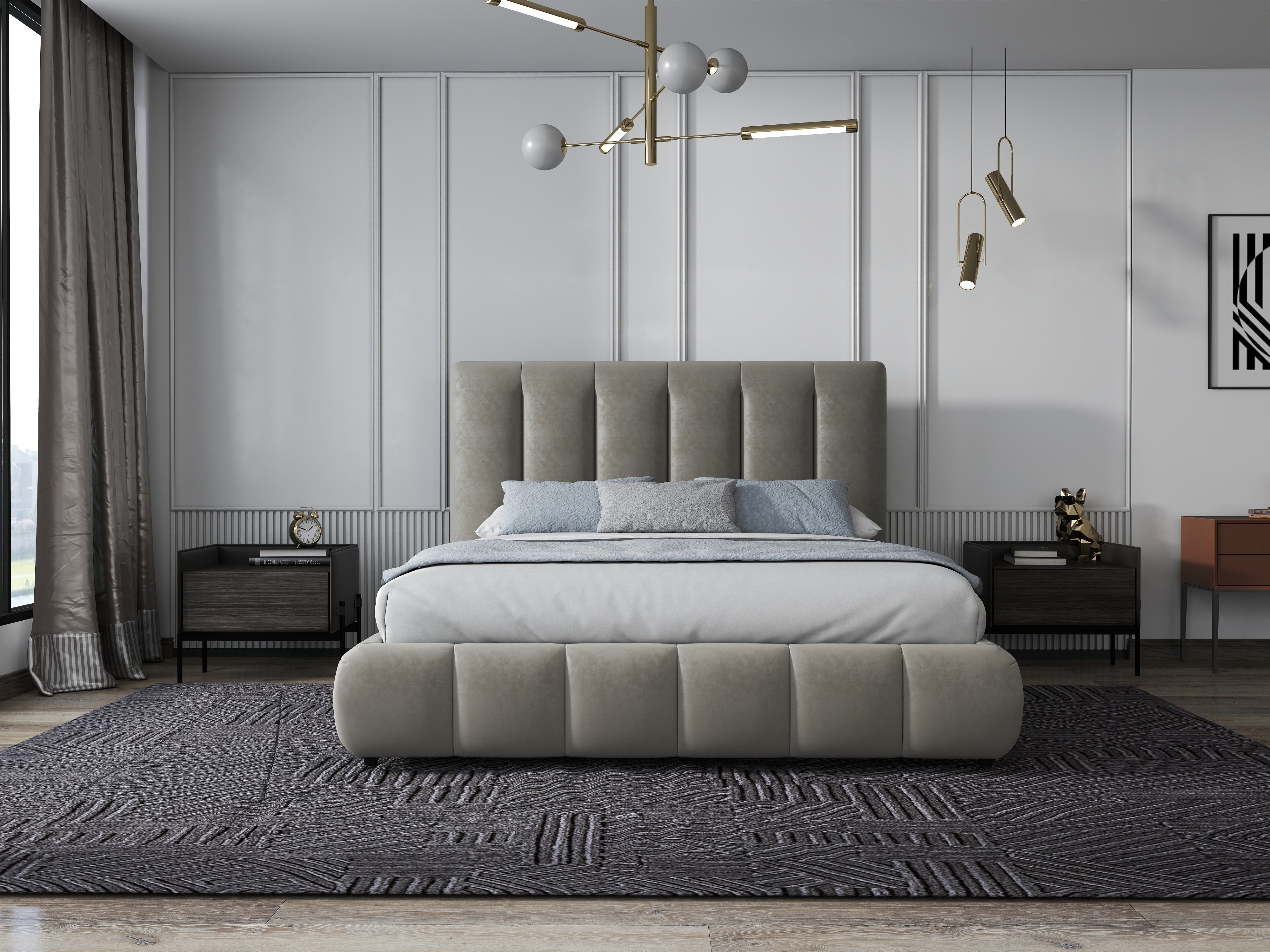 Pat dormitor dumonde, tapitat bej, Divaneo 180x200 cm, somiera rabatabila inclusa, spatiu depozitare WLS