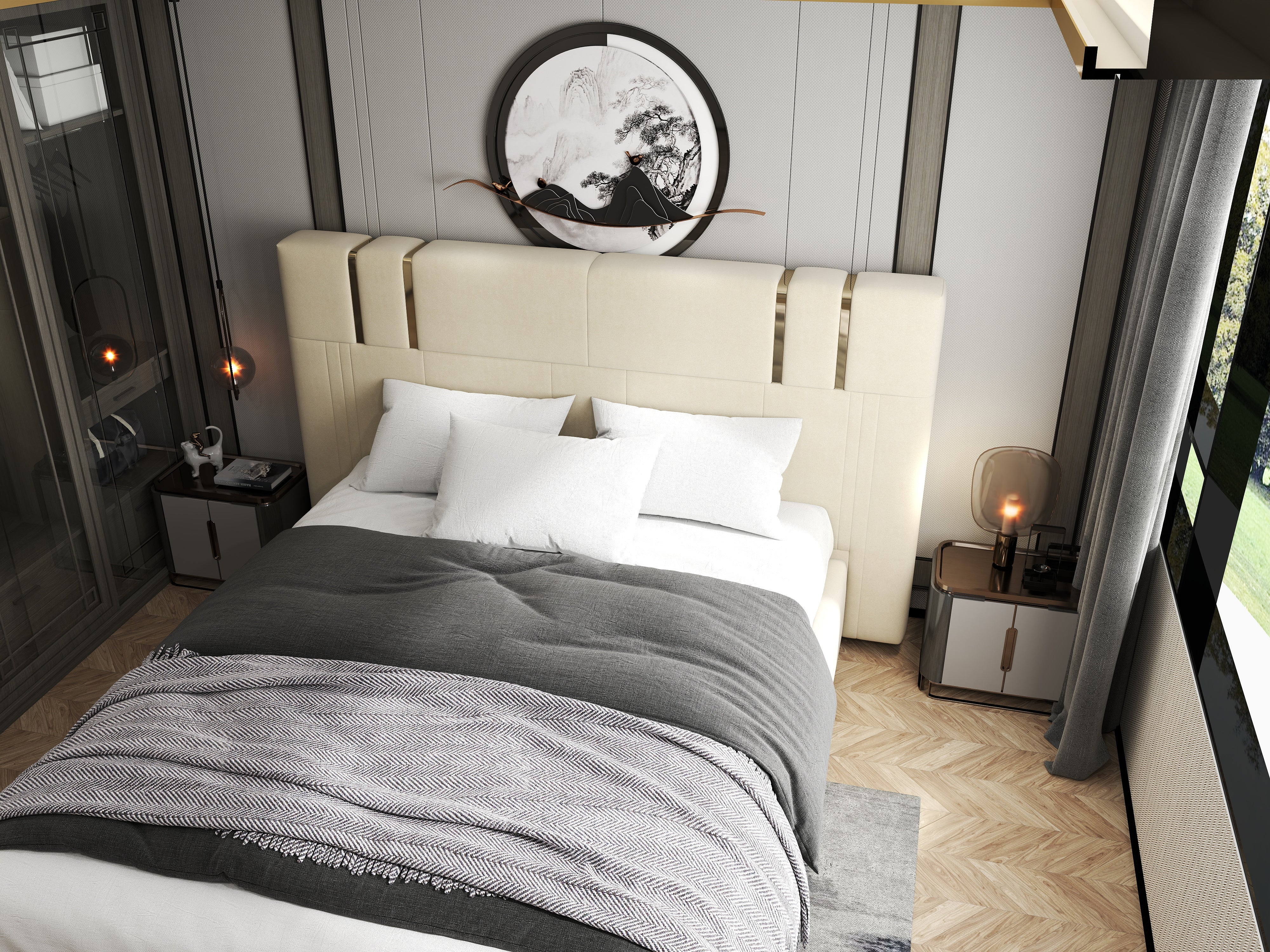 Pat dormitor dumonde, tapitat bej, Hamburg 160x200 cm, somiera rabatabila inclusa, spatiu depozitare WLS