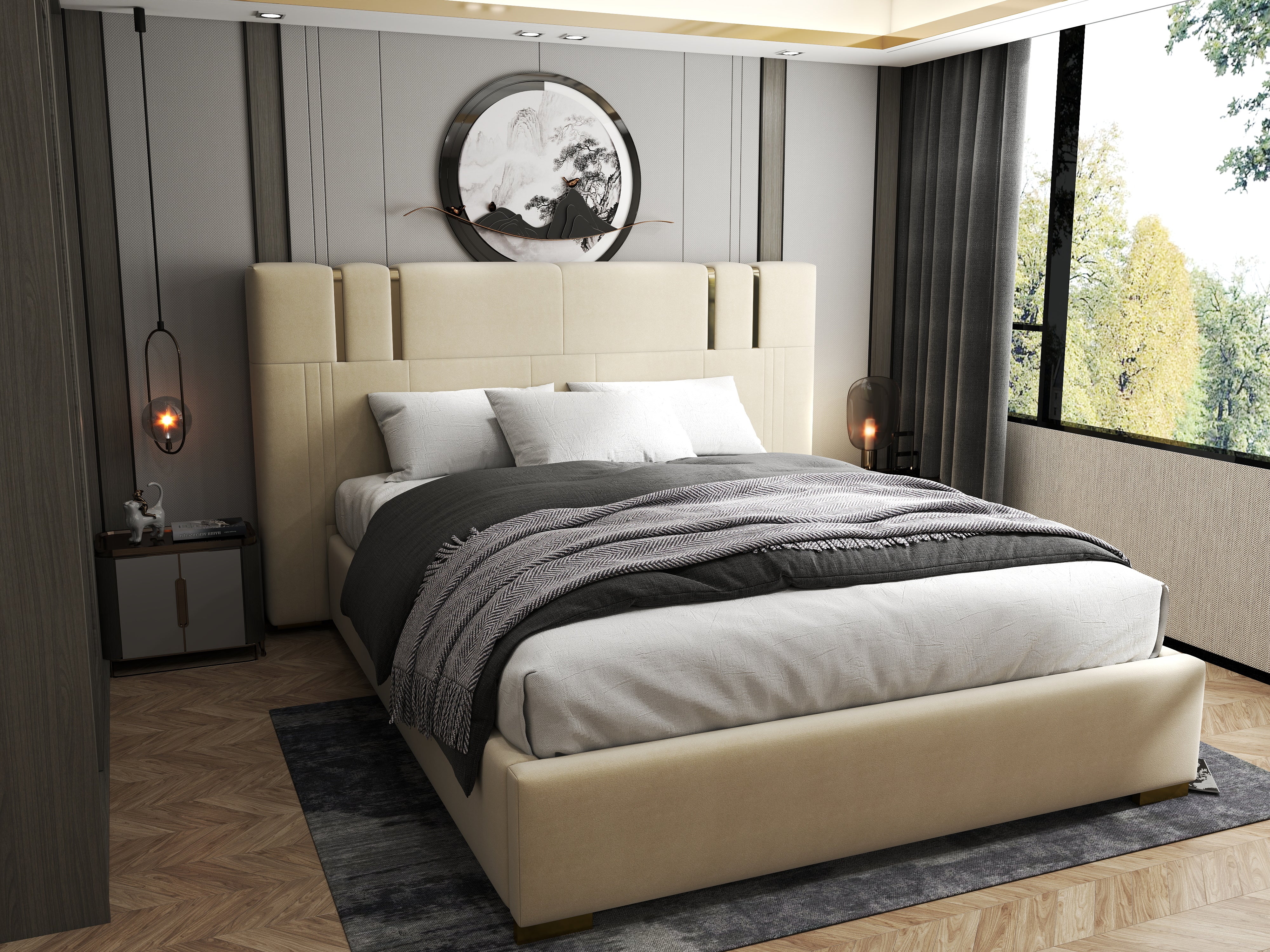 Pat dormitor dumonde, tapitat bej, Hamburg 160x200 cm, somiera rabatabila inclusa, spatiu depozitare WLS