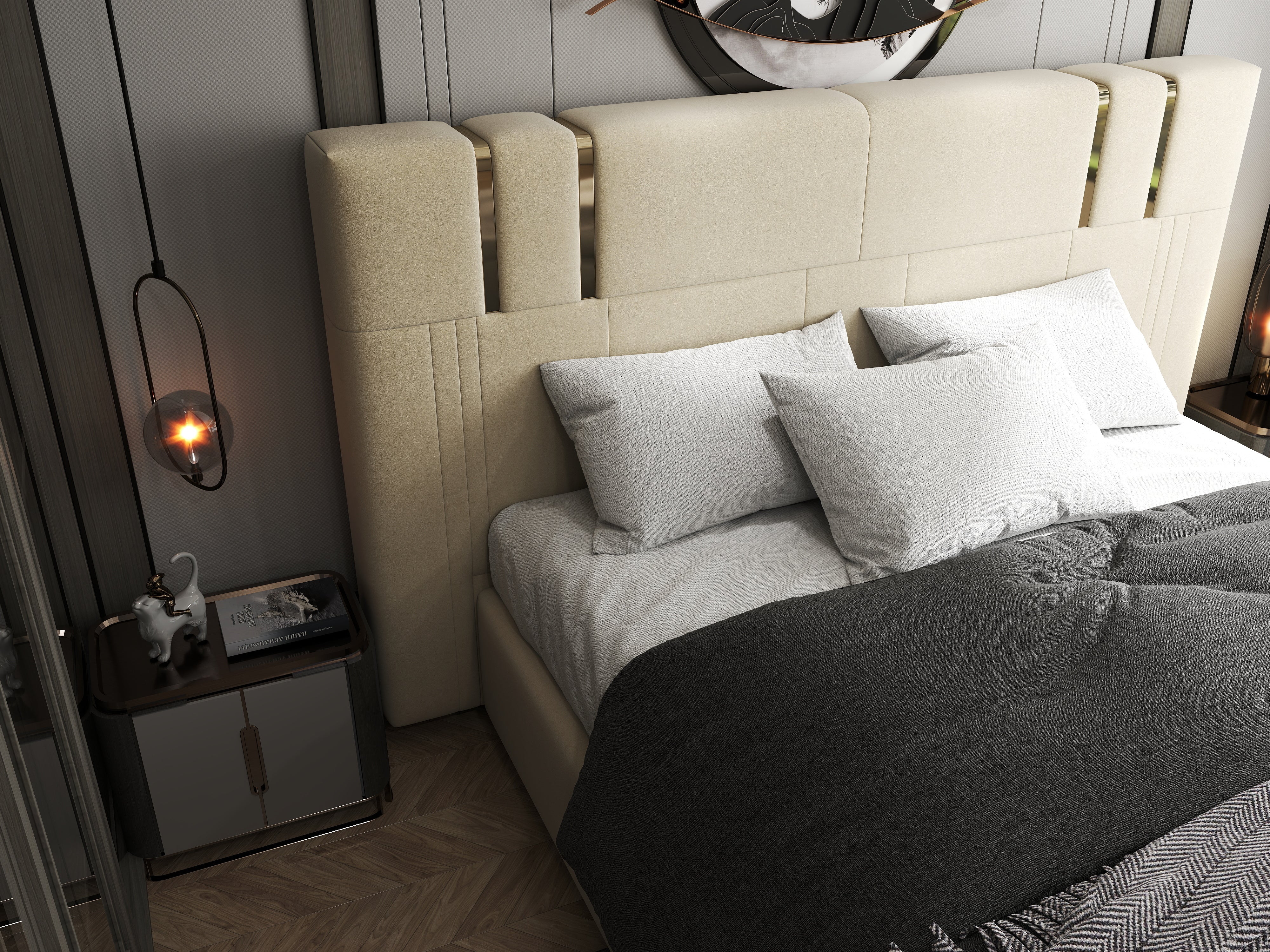 Pat dormitor dumonde, tapitat bej, Hamburg 160x200 cm, somiera rabatabila inclusa, spatiu depozitare WLS