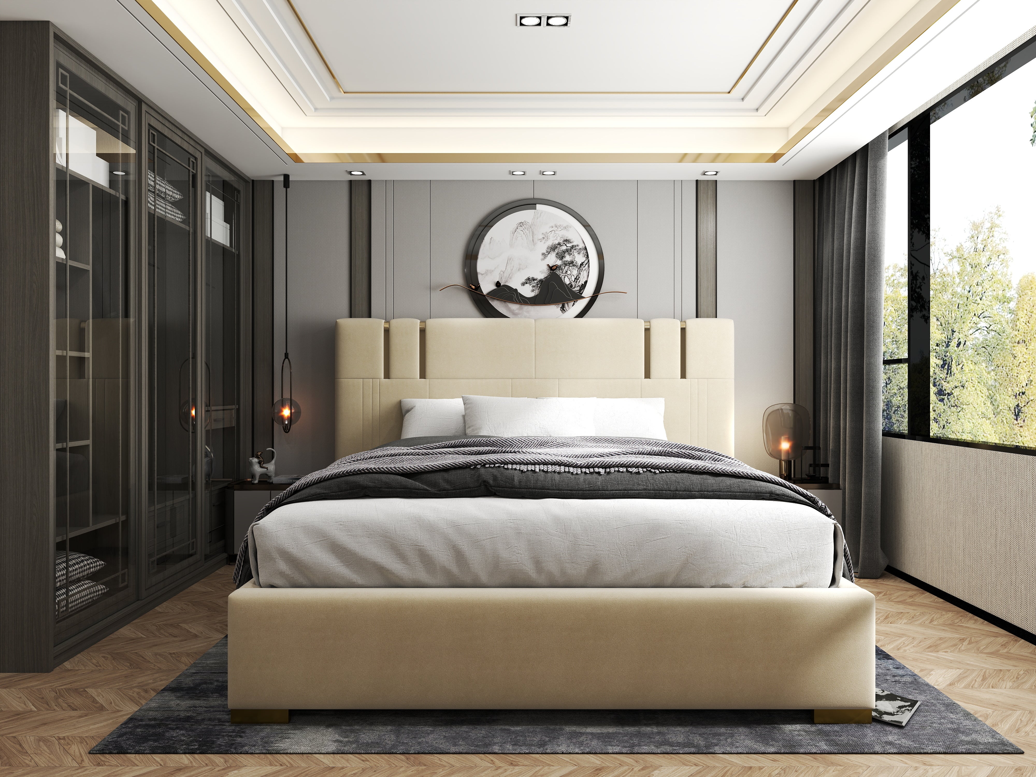 Pat dormitor dumonde, tapitat bej, Hamburg 160x200 cm, somiera rabatabila inclusa, spatiu depozitare WLS