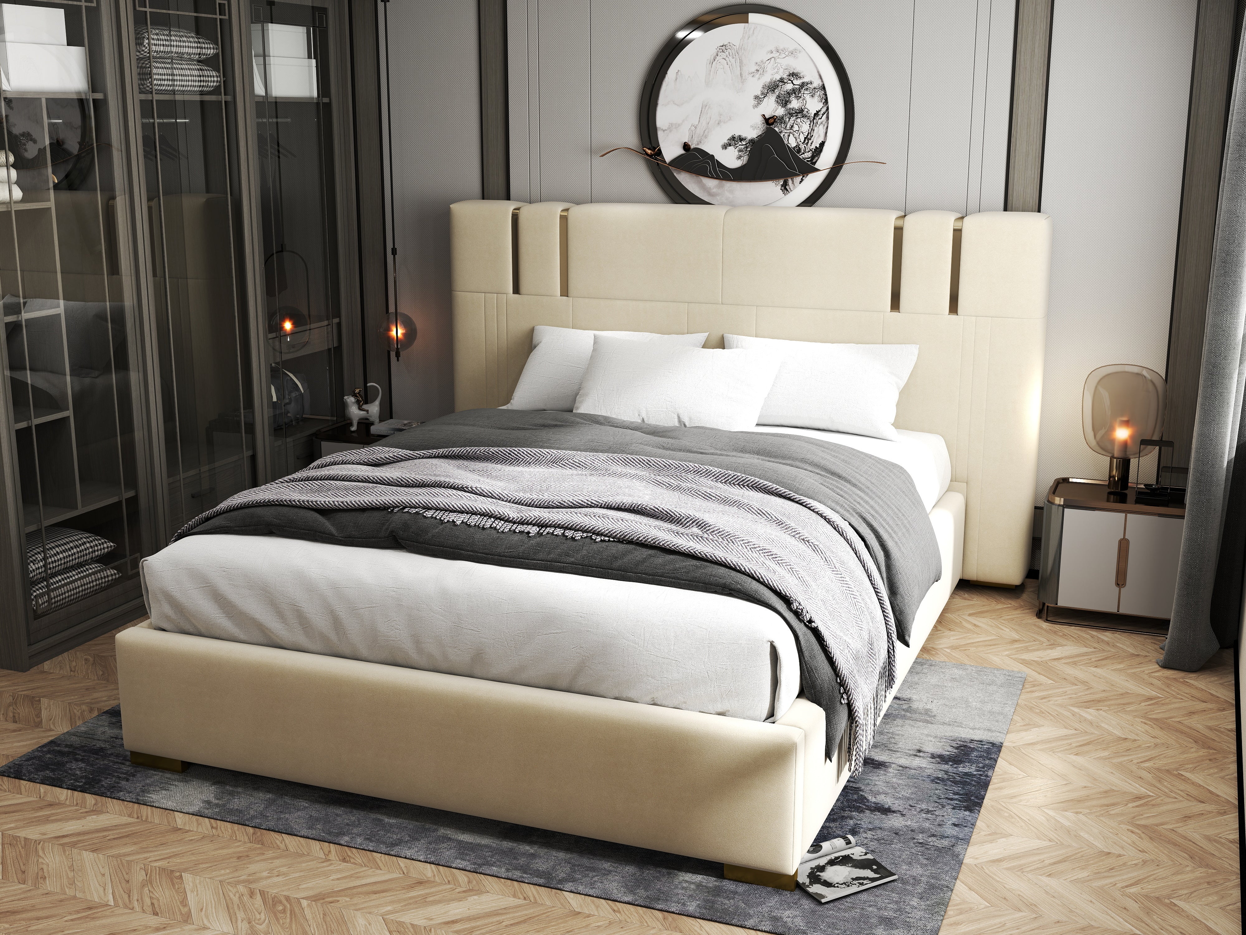 Pat dormitor dumonde, tapitat bej, Hamburg 160x200 cm, somiera rabatabila inclusa, spatiu depozitare WLS