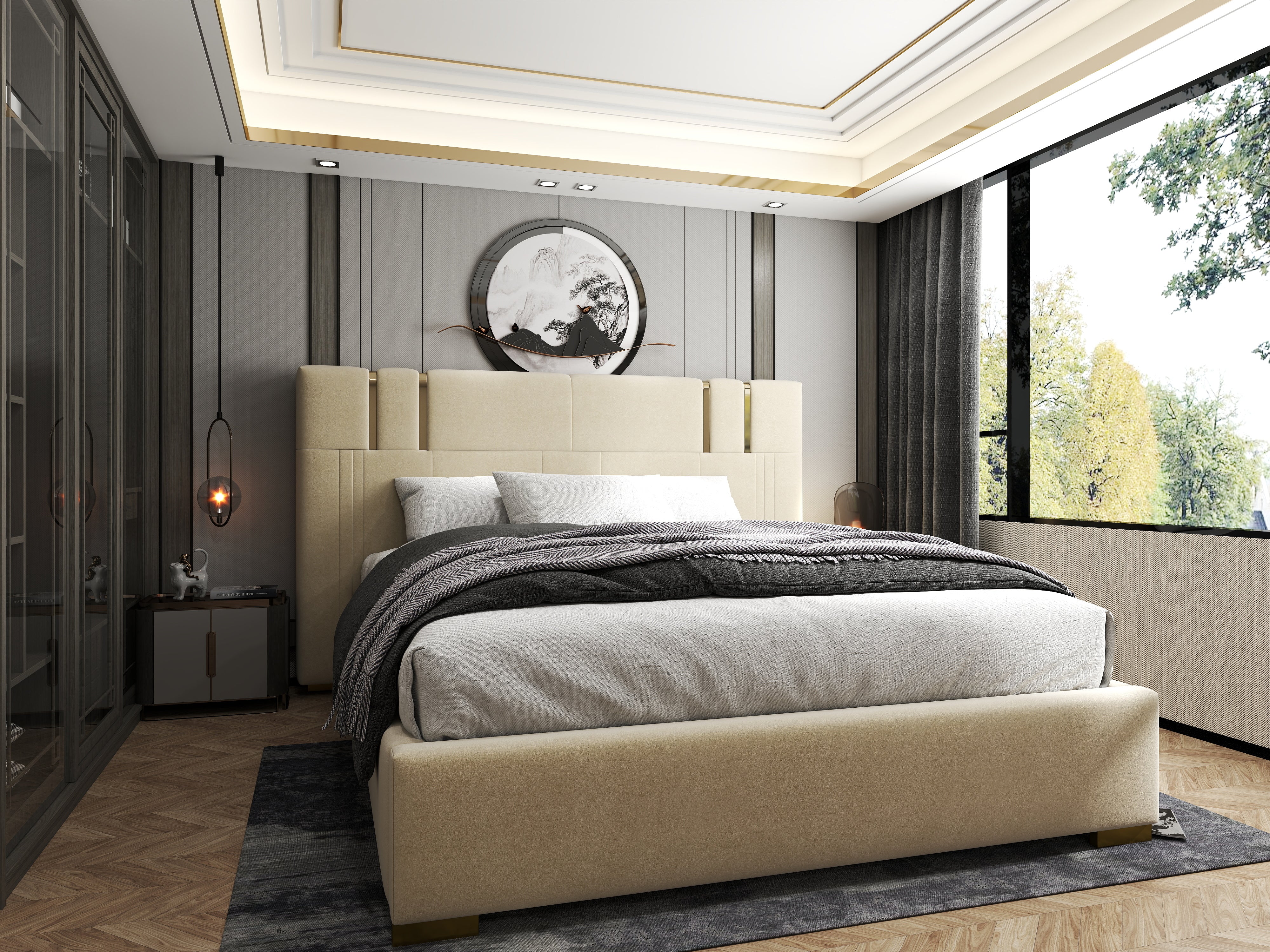 Pat dormitor dumonde, tapitat bej, Hamburg 160x200 cm, somiera rabatabila inclusa, spatiu depozitare WLS