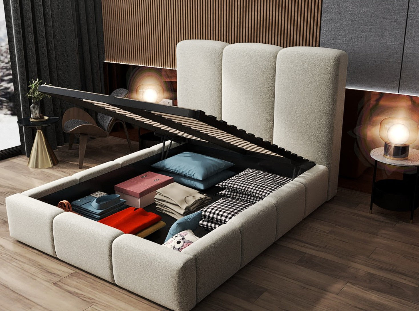 Pat dormitor dumonde, tapitat bej, Dinasty 160x200 cm, somiera rabatabila inclusa, spatiu depozitare WLS