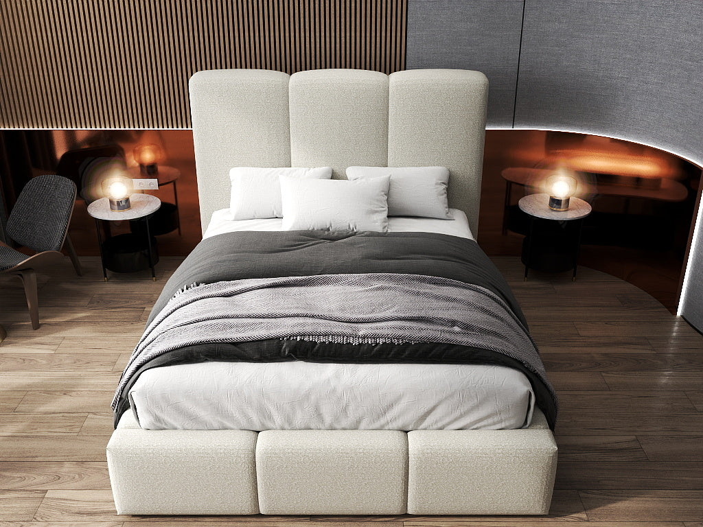 Pat dormitor dumonde, tapitat bej, Dinasty 160x200 cm, somiera rabatabila inclusa, spatiu depozitare WLS