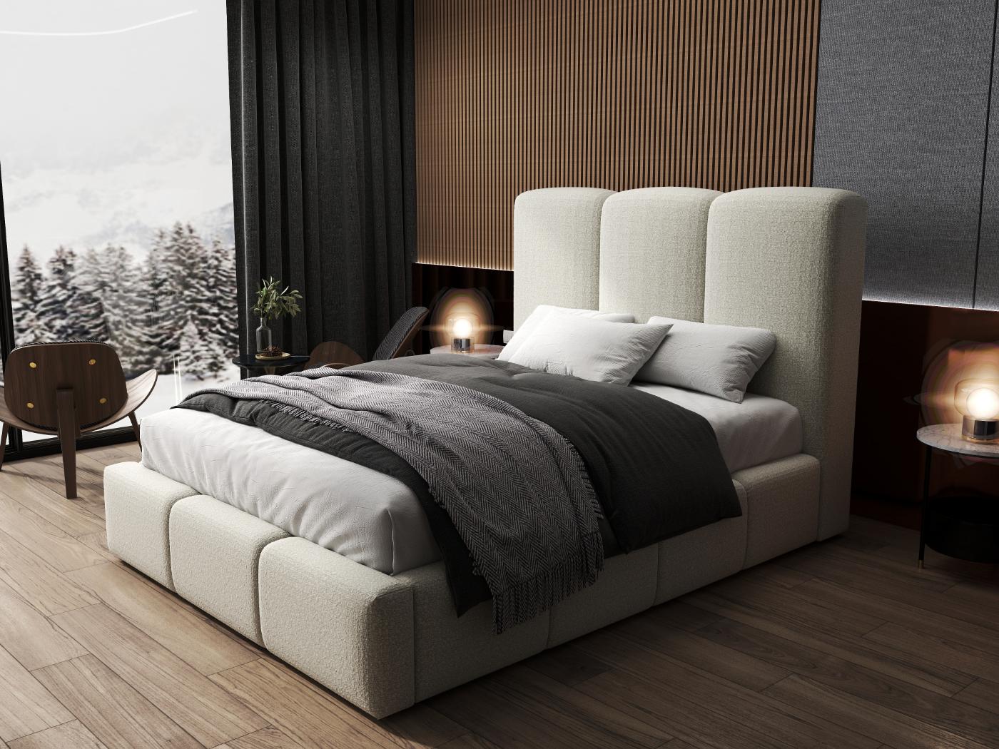 Pat dormitor dumonde, tapitat bej, Dinasty 160x200 cm, somiera rabatabila inclusa, spatiu depozitare WLS