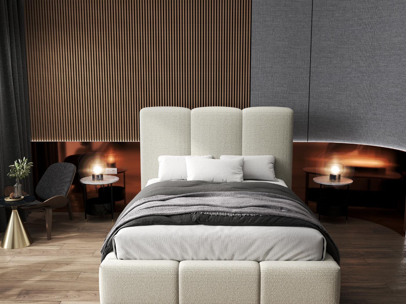 Pat dormitor dumonde, tapitat bej, Dinasty 160x200 cm, somiera rabatabila inclusa, spatiu depozitare WLS