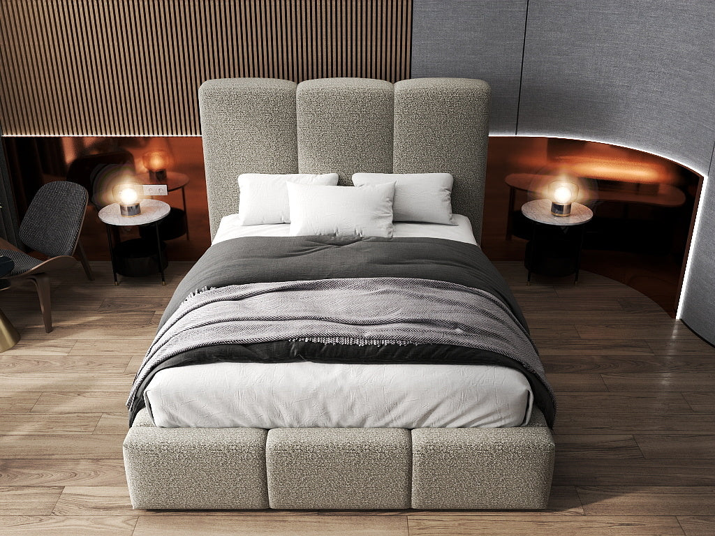 Pat dormitor dumonde, tapitat bej, Dinasty 180x200 cm, somiera rabatabila inclusa, spatiu depozitare WLS