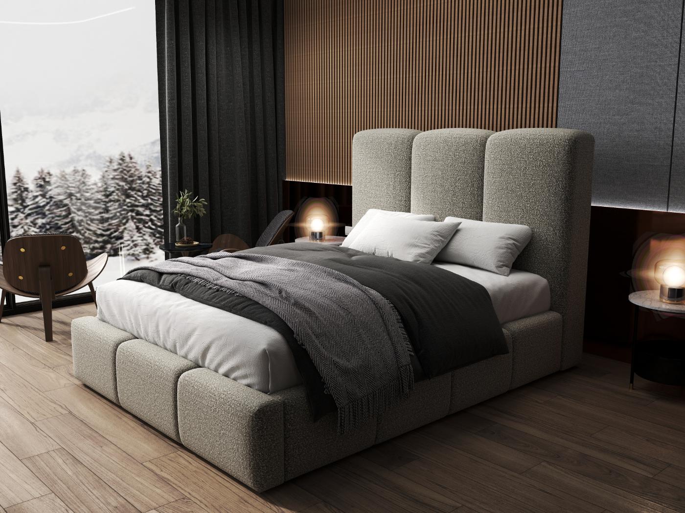 Pat dormitor dumonde, tapitat bej, Dinasty 180x200 cm, somiera rabatabila inclusa, spatiu depozitare WLS