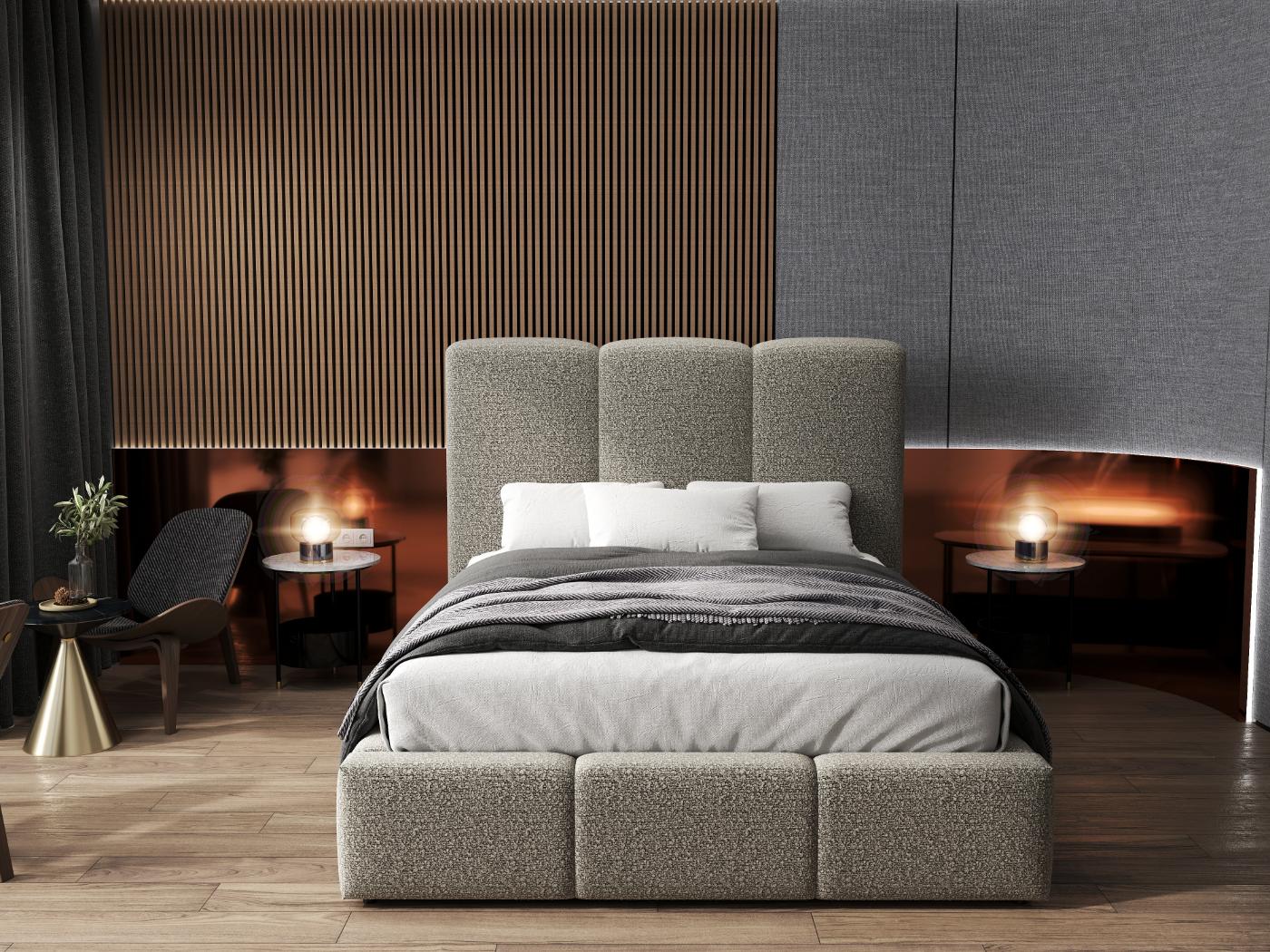 Pat dormitor dumonde, tapitat bej, Dinasty 180x200 cm, somiera rabatabila inclusa, spatiu depozitare WLS