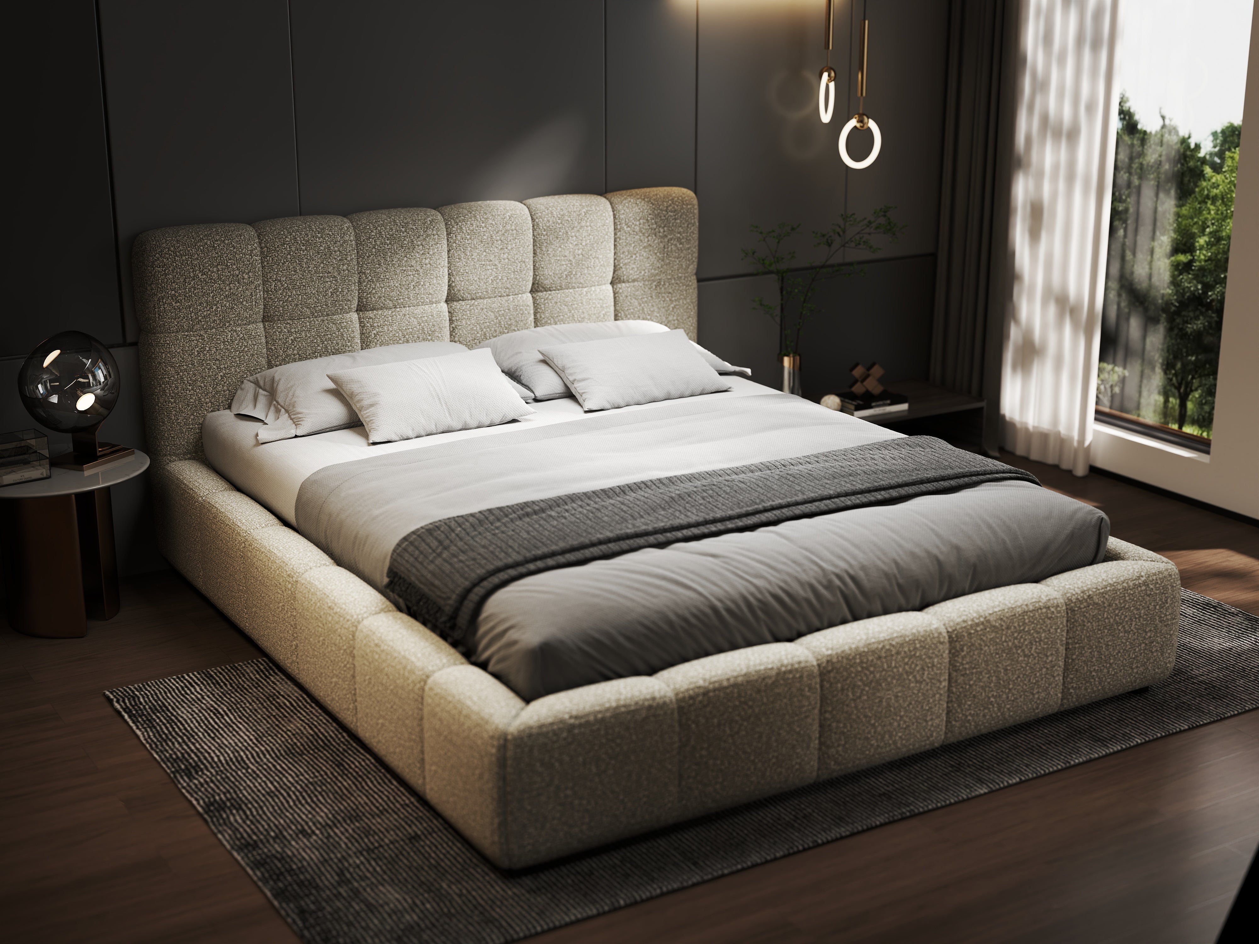 Pat dormitor dumonde, tapitat bej, Lorenzo 180x200 cm, somiera rabatabila inclusa, spatiu depozitare WLS