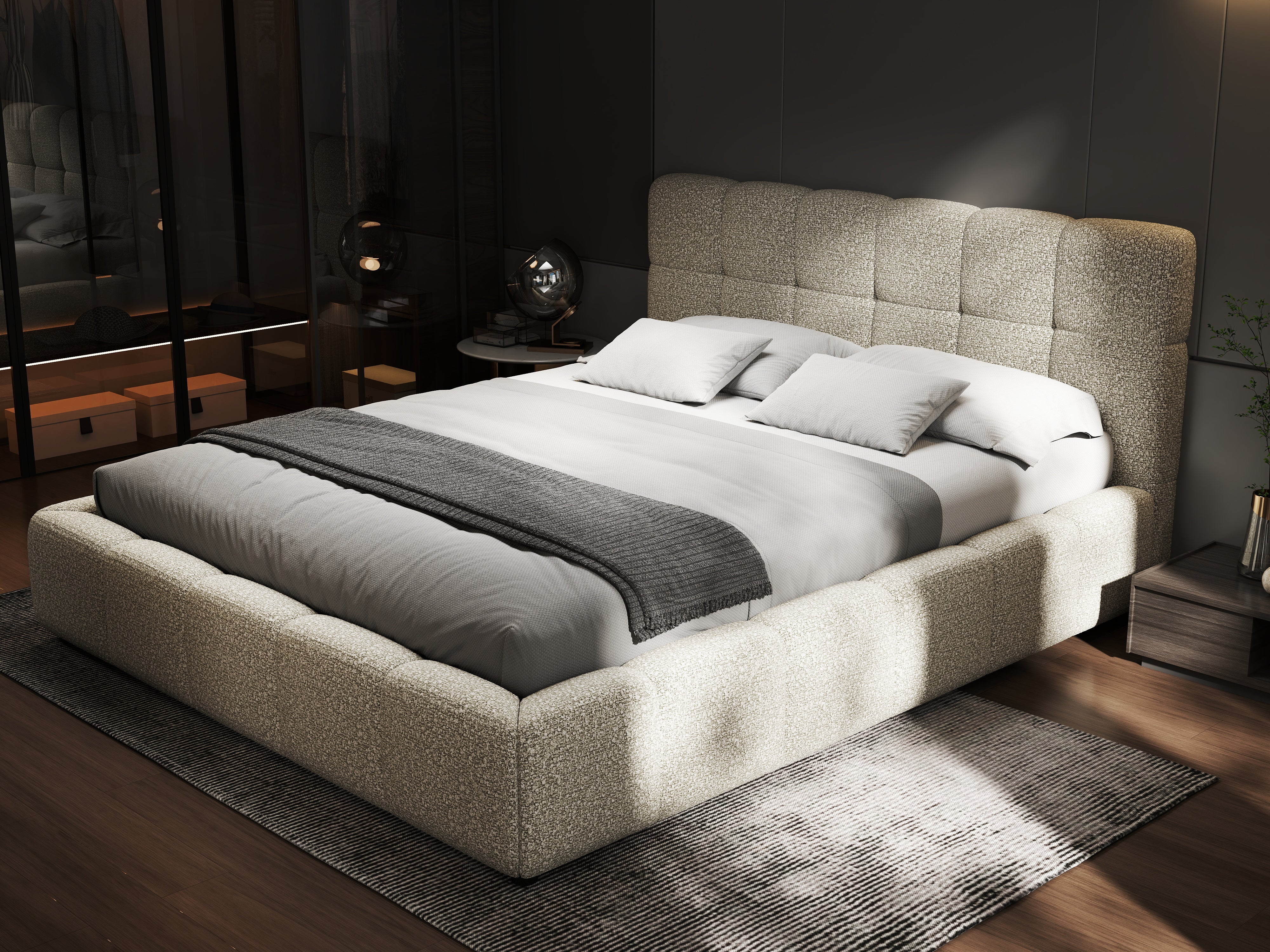 Pat dormitor dumonde, tapitat bej, Lorenzo 180x200 cm, somiera rabatabila inclusa, spatiu depozitare WLS