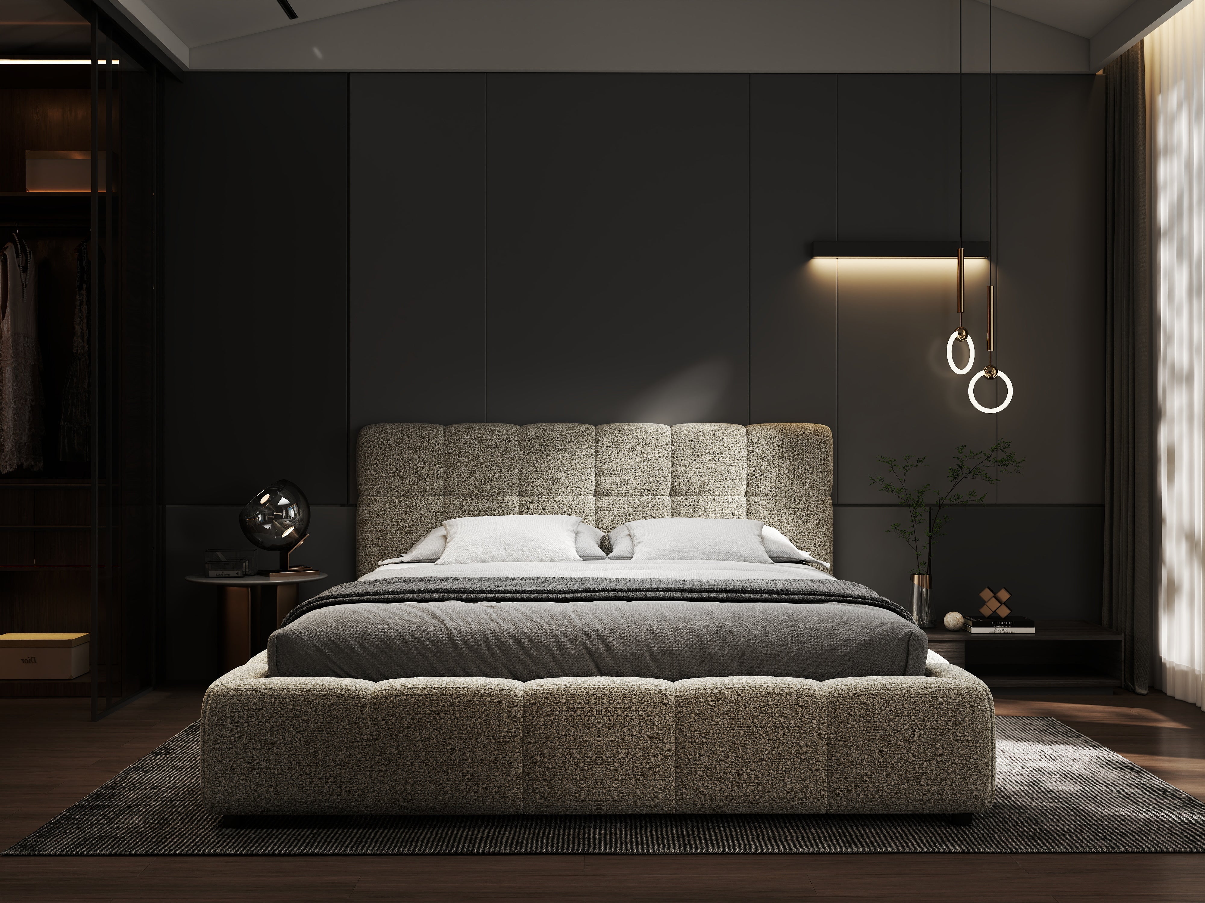 Pat dormitor dumonde, tapitat bej, Lorenzo 180x200 cm, somiera rabatabila inclusa, spatiu depozitare WLS