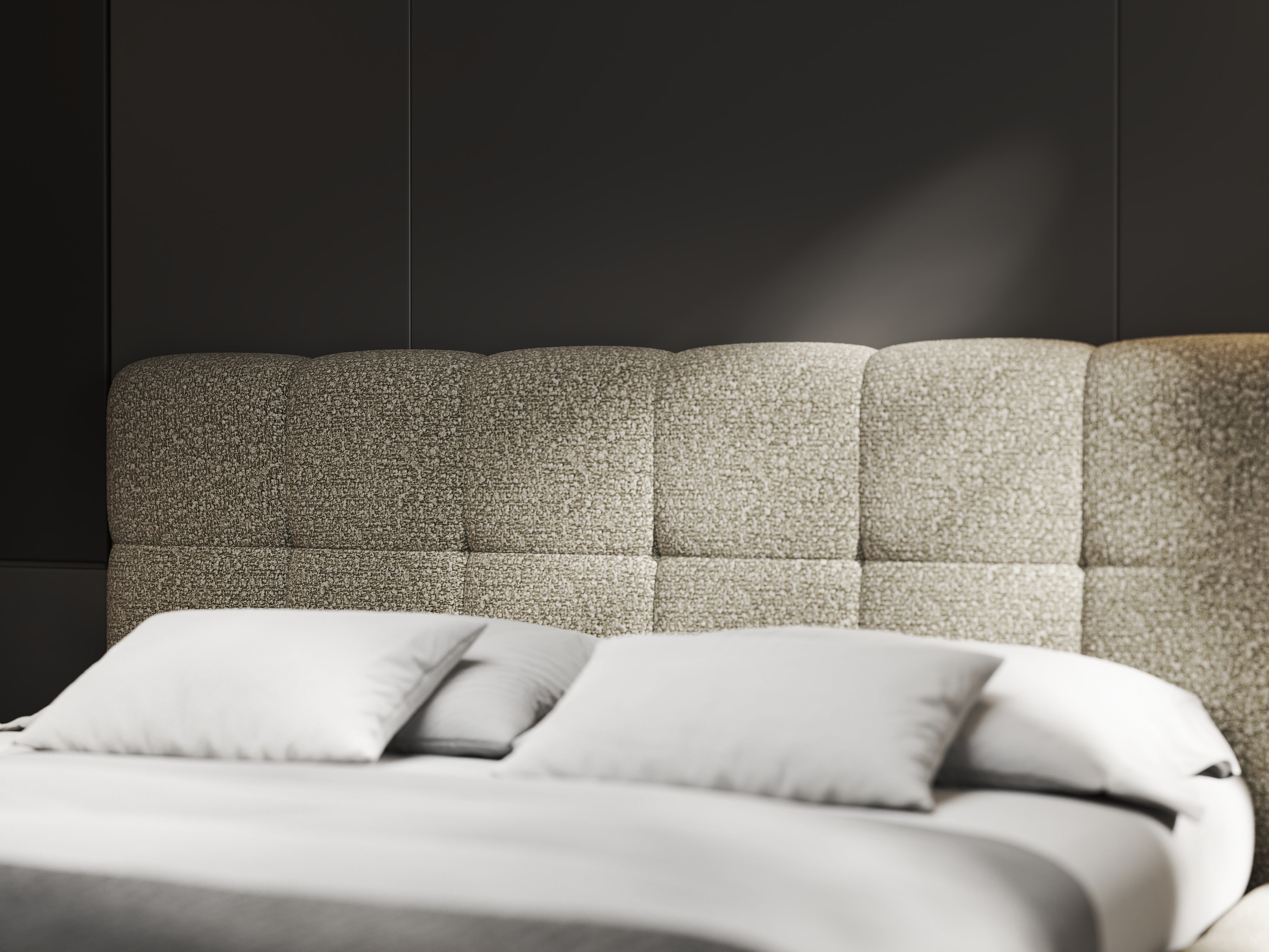 Pat dormitor dumonde, tapitat bej, Lorenzo 180x200 cm, somiera rabatabila inclusa, spatiu depozitare WLS