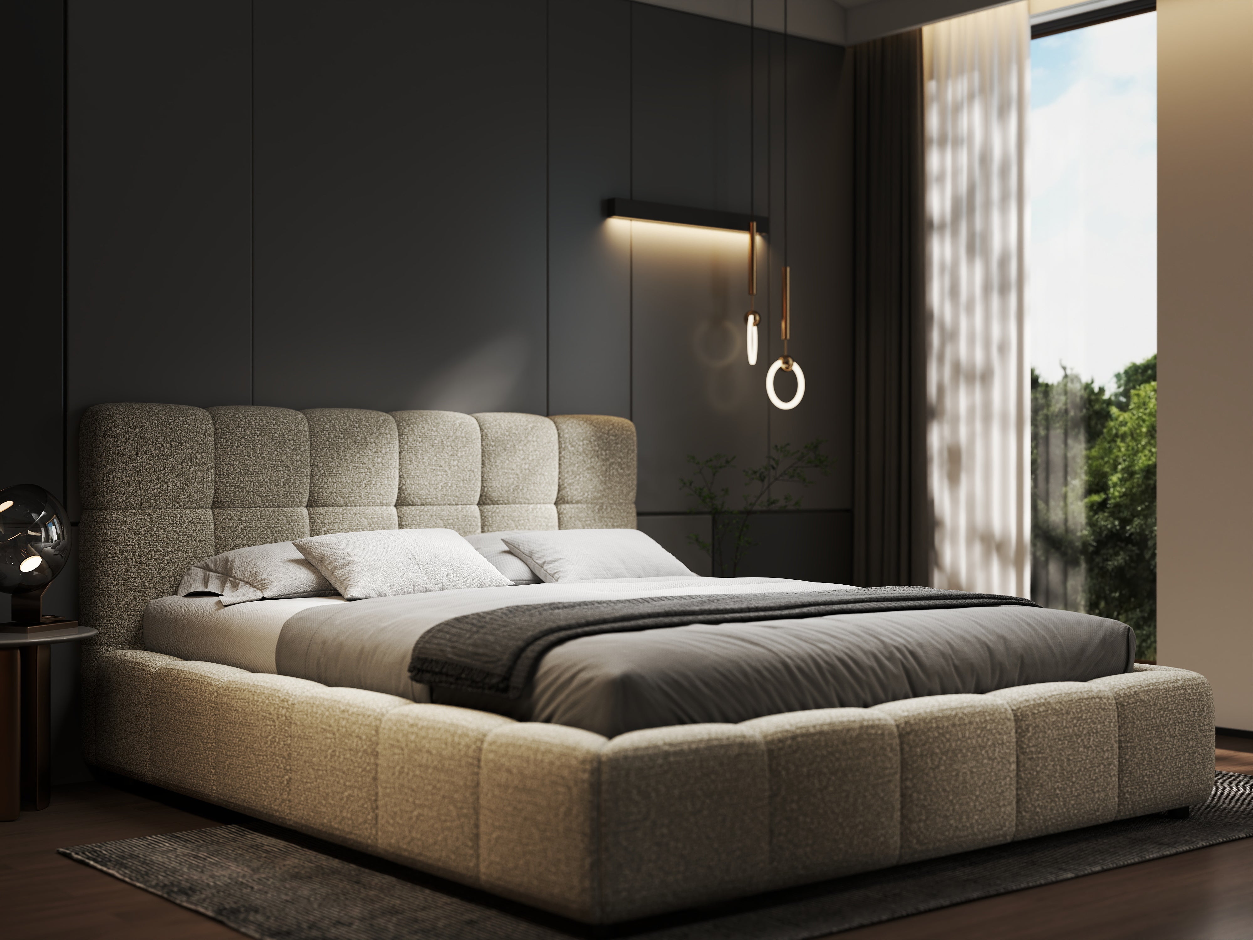 Pat dormitor dumonde, tapitat bej, Lorenzo 180x200 cm, somiera rabatabila inclusa, spatiu depozitare WLS