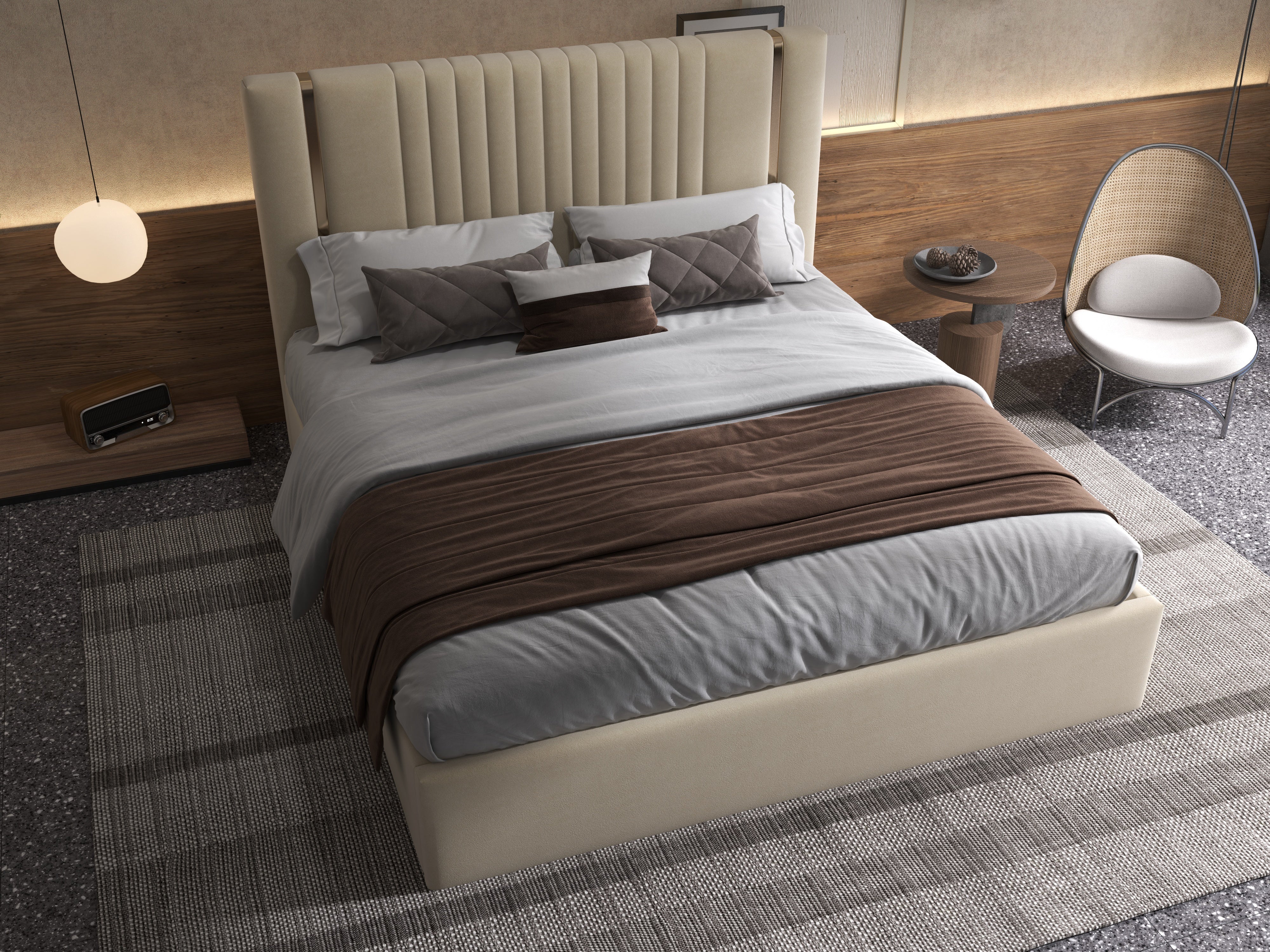 Pat dormitor dumonde, tapitat bej, Lukas 180x200 cm, somiera rabatabila inclusa, spatiu depozitare WLS