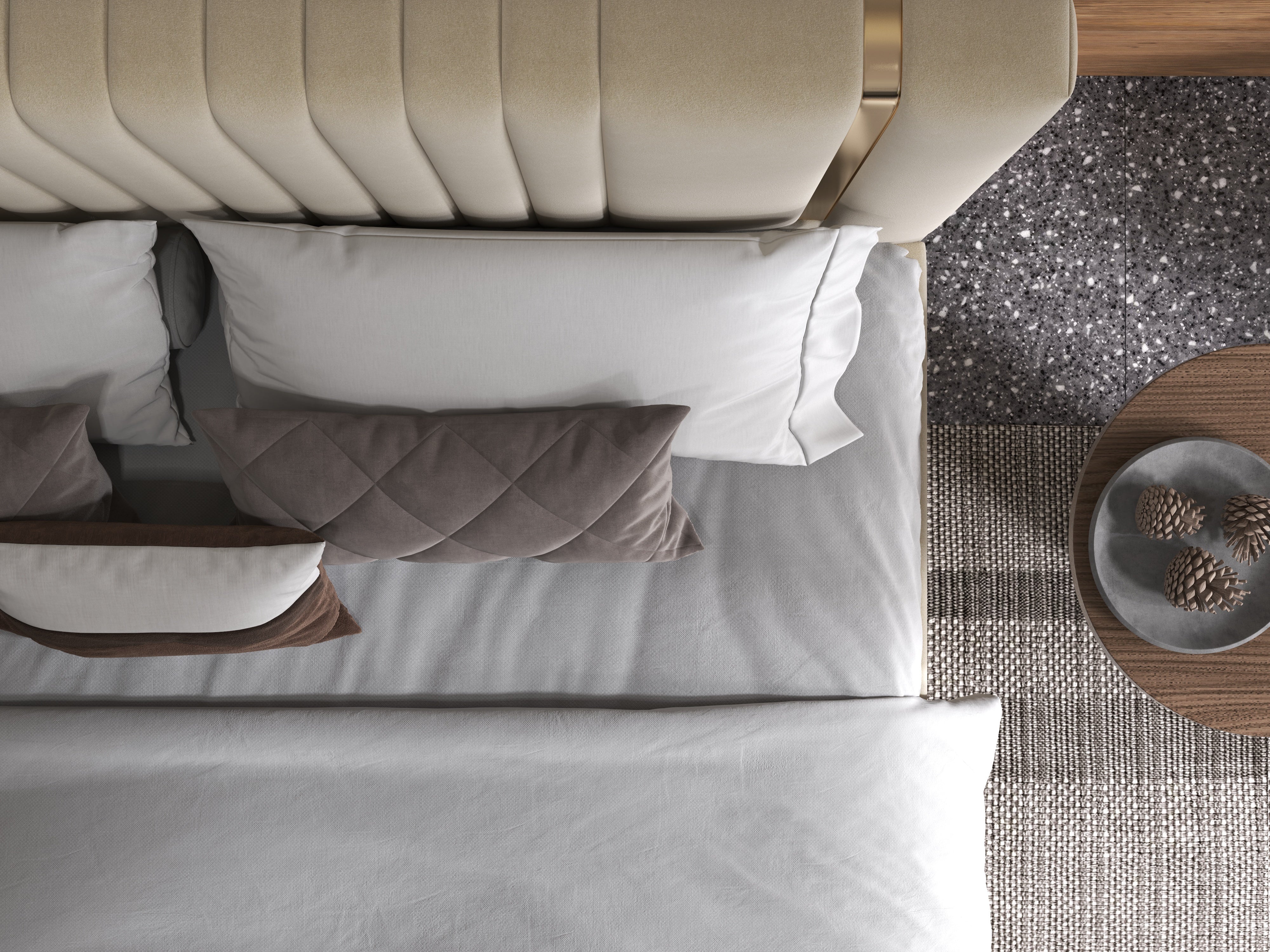 Pat dormitor dumonde, tapitat bej, Lukas 180x200 cm, somiera rabatabila inclusa, spatiu depozitare WLS