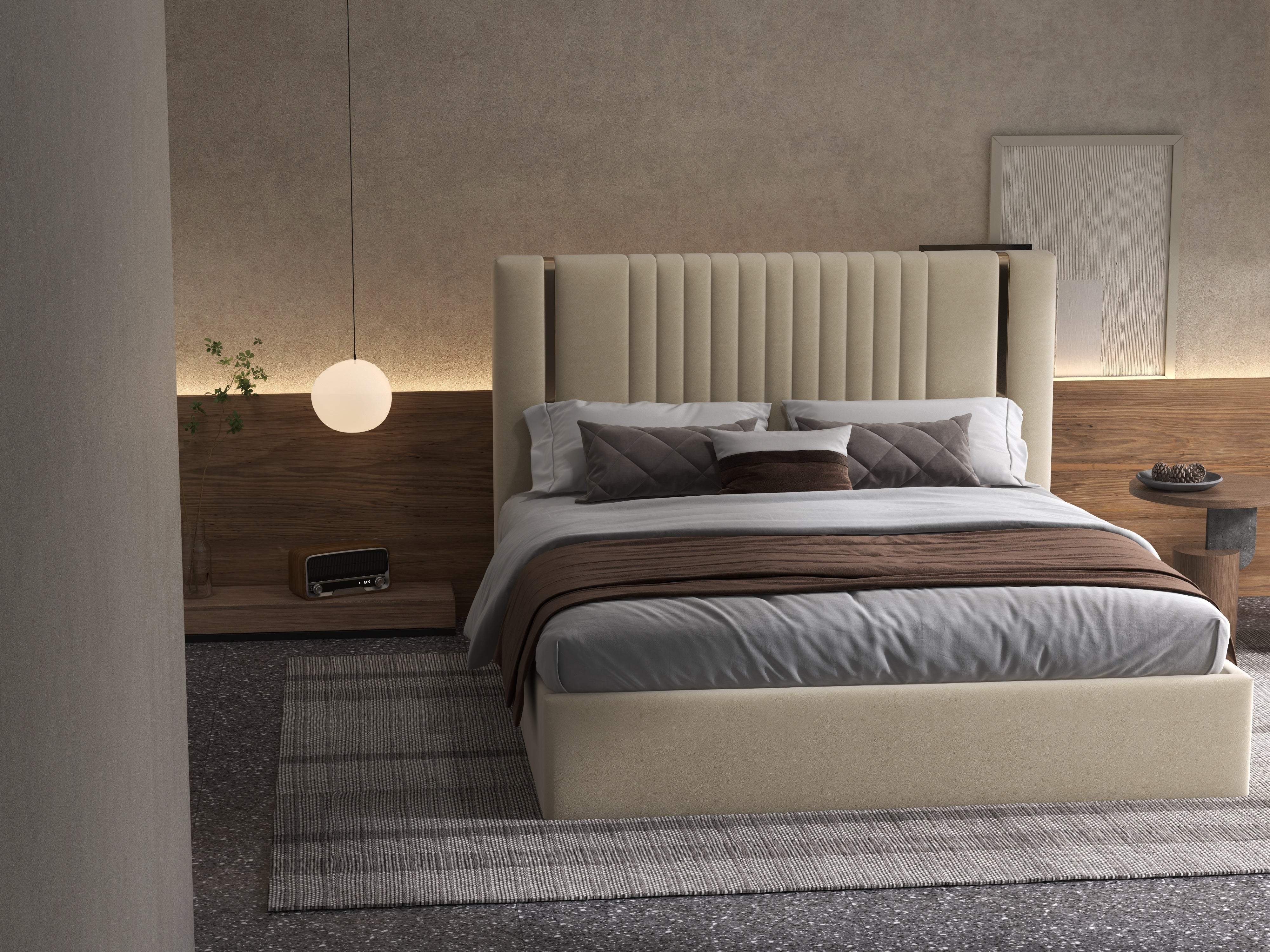 Pat dormitor dumonde, tapitat bej, Lukas 180x200 cm, somiera rabatabila inclusa, spatiu depozitare WLS