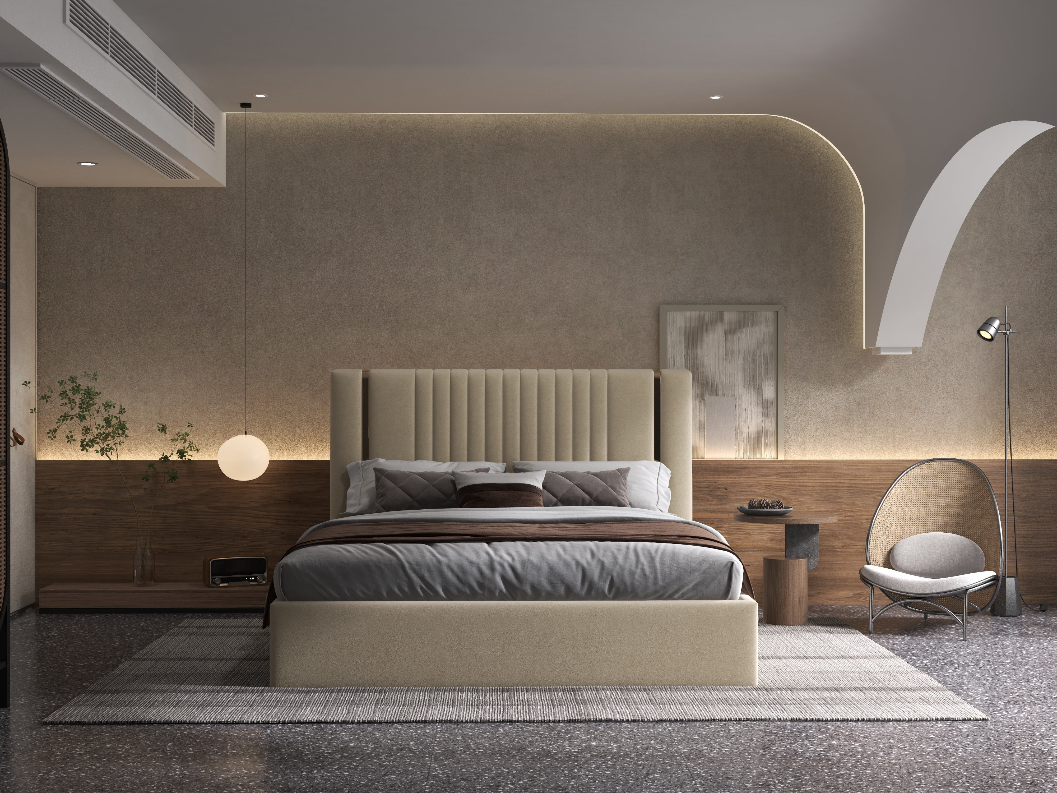 Pat dormitor dumonde, tapitat bej, Lukas 180x200 cm, somiera rabatabila inclusa, spatiu depozitare WLS