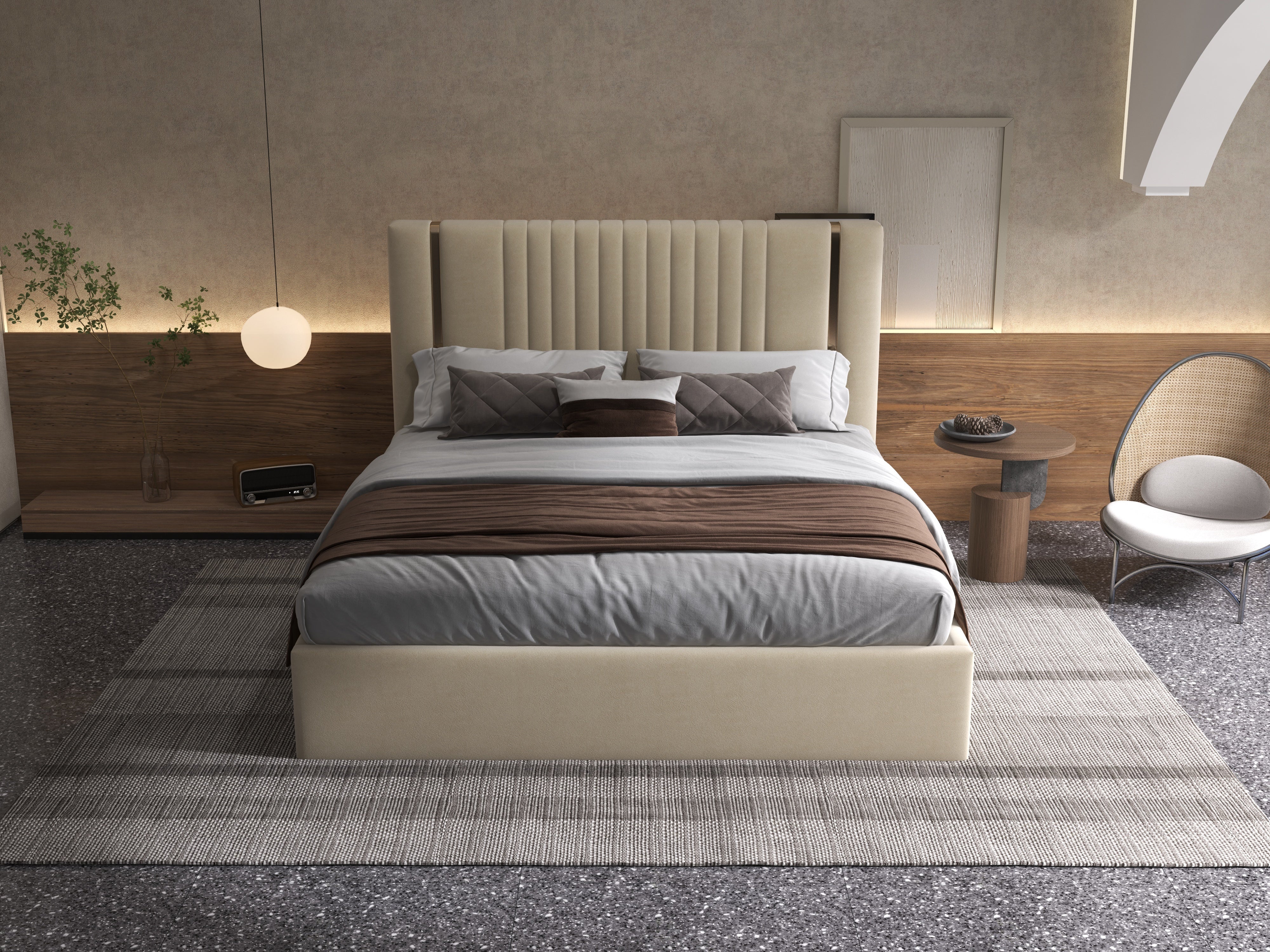 Pat dormitor dumonde, tapitat bej, Lukas 180x200 cm, somiera rabatabila inclusa, spatiu depozitare WLS