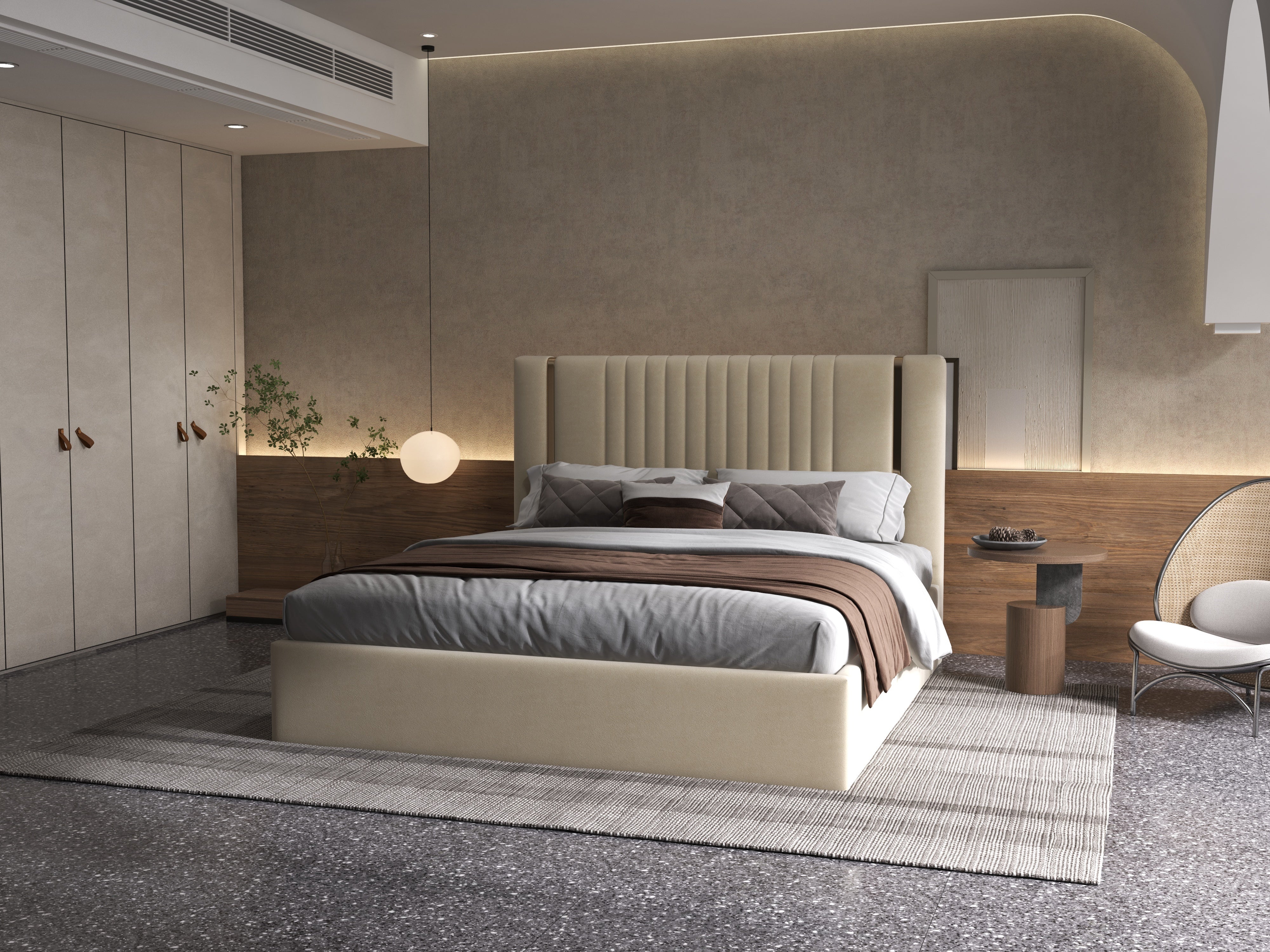 Pat dormitor dumonde, tapitat bej, Lukas 180x200 cm, somiera rabatabila inclusa, spatiu depozitare WLS