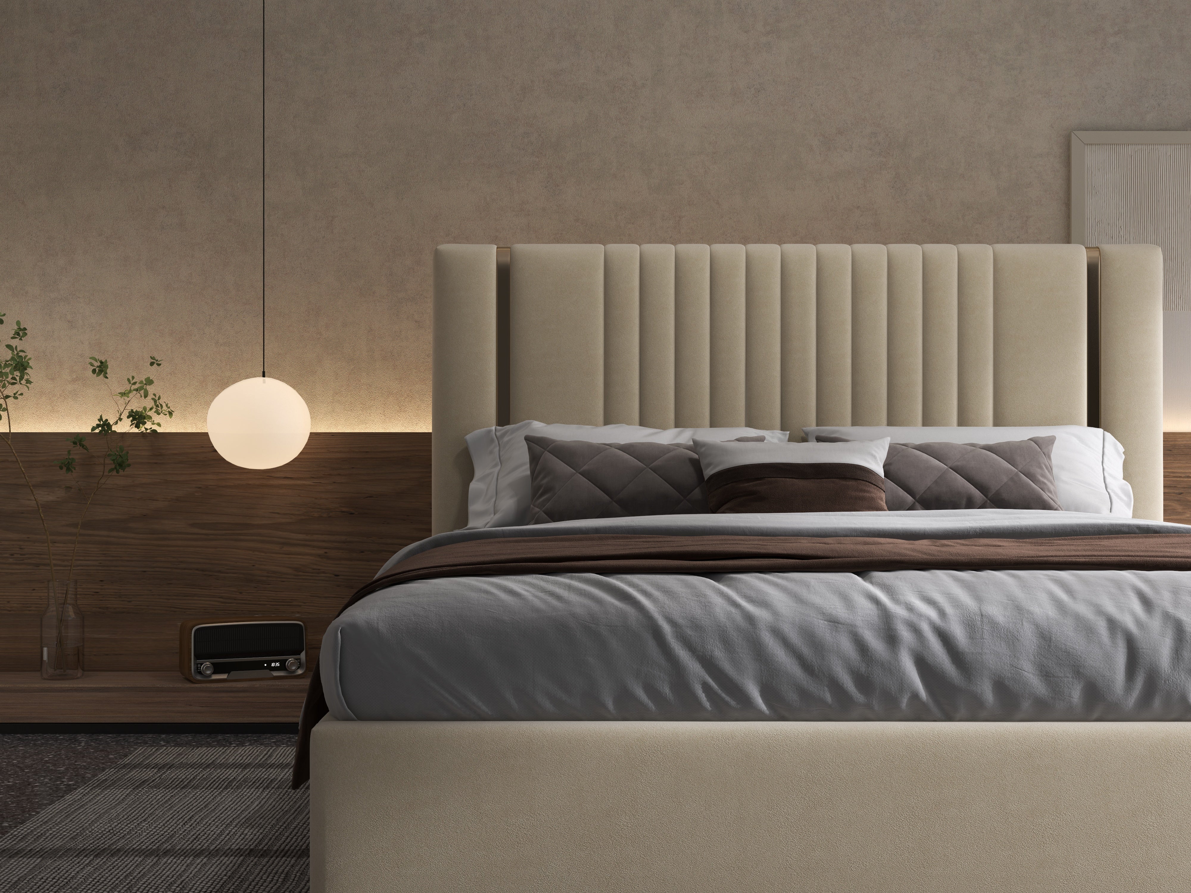 Pat dormitor dumonde, tapitat bej, Lukas 180x200 cm, somiera rabatabila inclusa, spatiu depozitare WLS