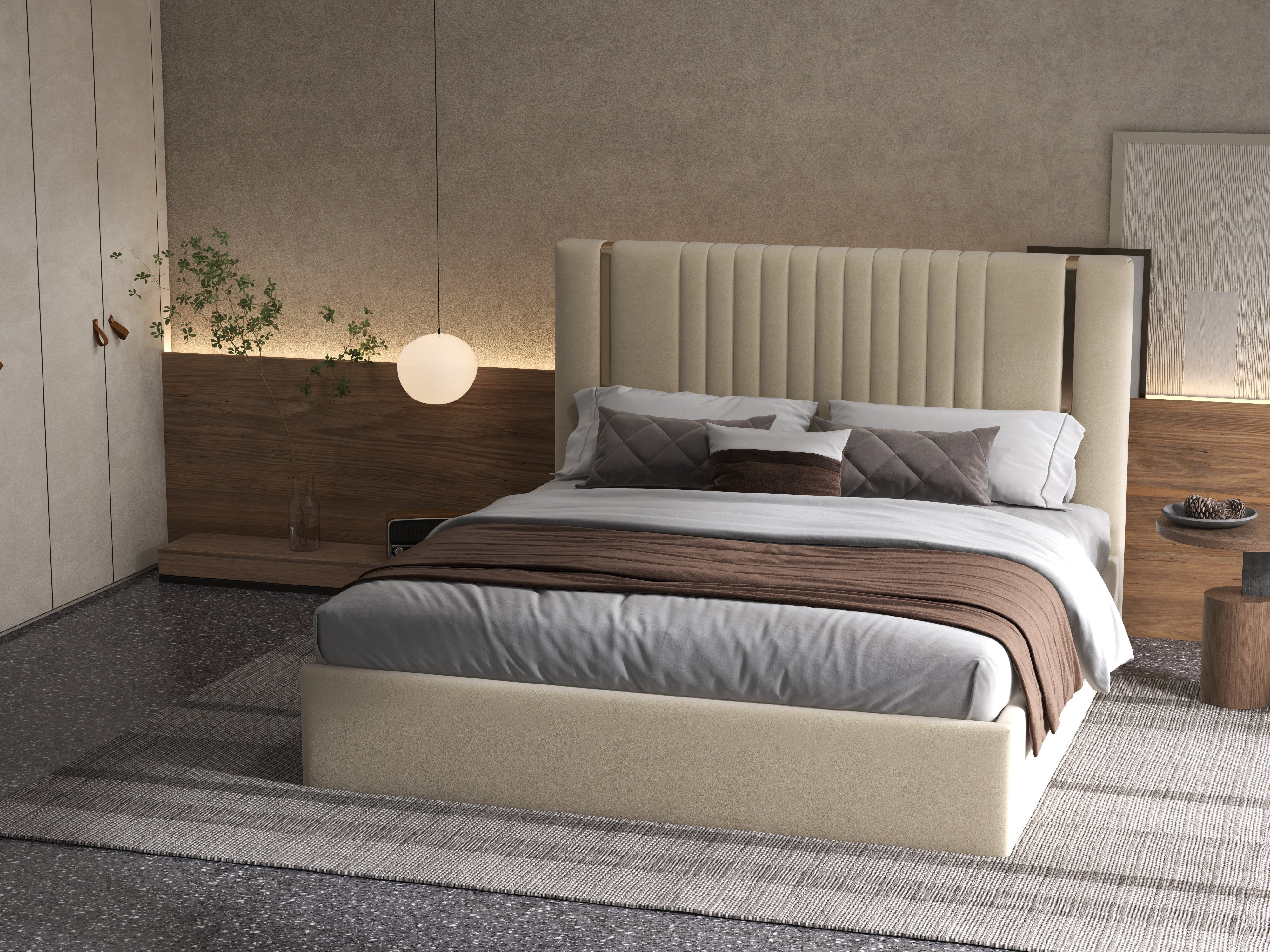 Pat dormitor dumonde, tapitat bej, Lukas 180x200 cm, somiera rabatabila inclusa, spatiu depozitare WLS