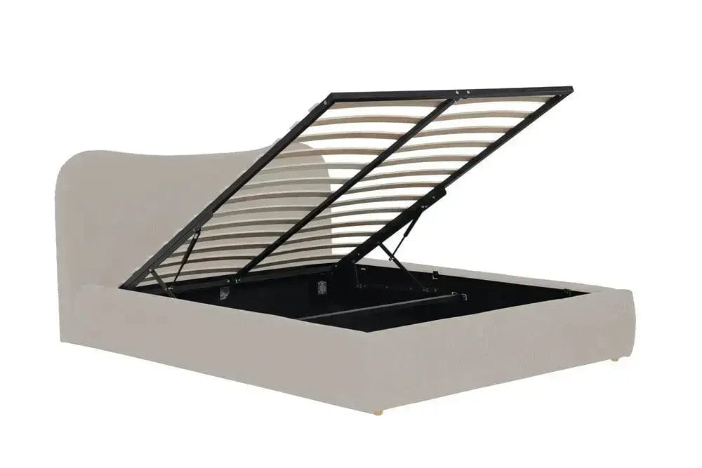 Pat dormitor dumonde, tapitat gri, Matias 180x200 cm, somiera rabatabila inclusa, spatiu depozitare